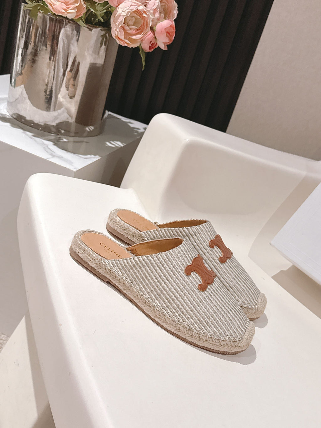 CELINE 25S LES ESPADRILLES MULE IN LIGHT GRAY CANVAS