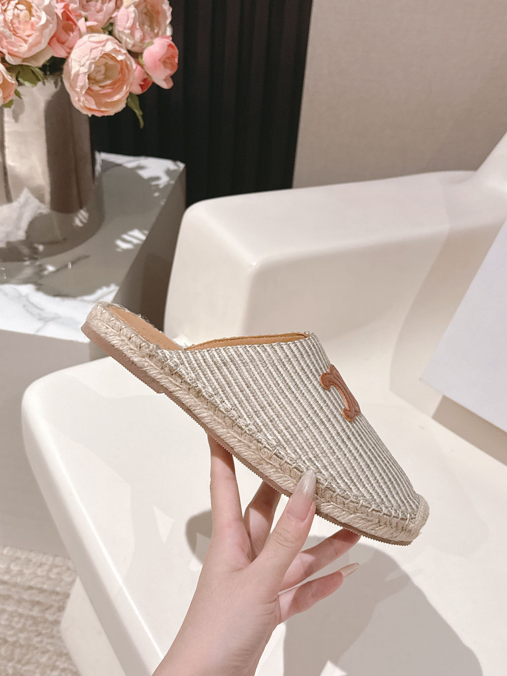 CELINE 25S LES ESPADRILLES MULE IN LIGHT GRAY CANVAS