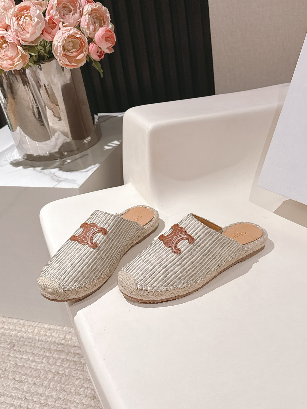 CELINE 25S LES ESPADRILLES MULE IN LIGHT GRAY CANVAS