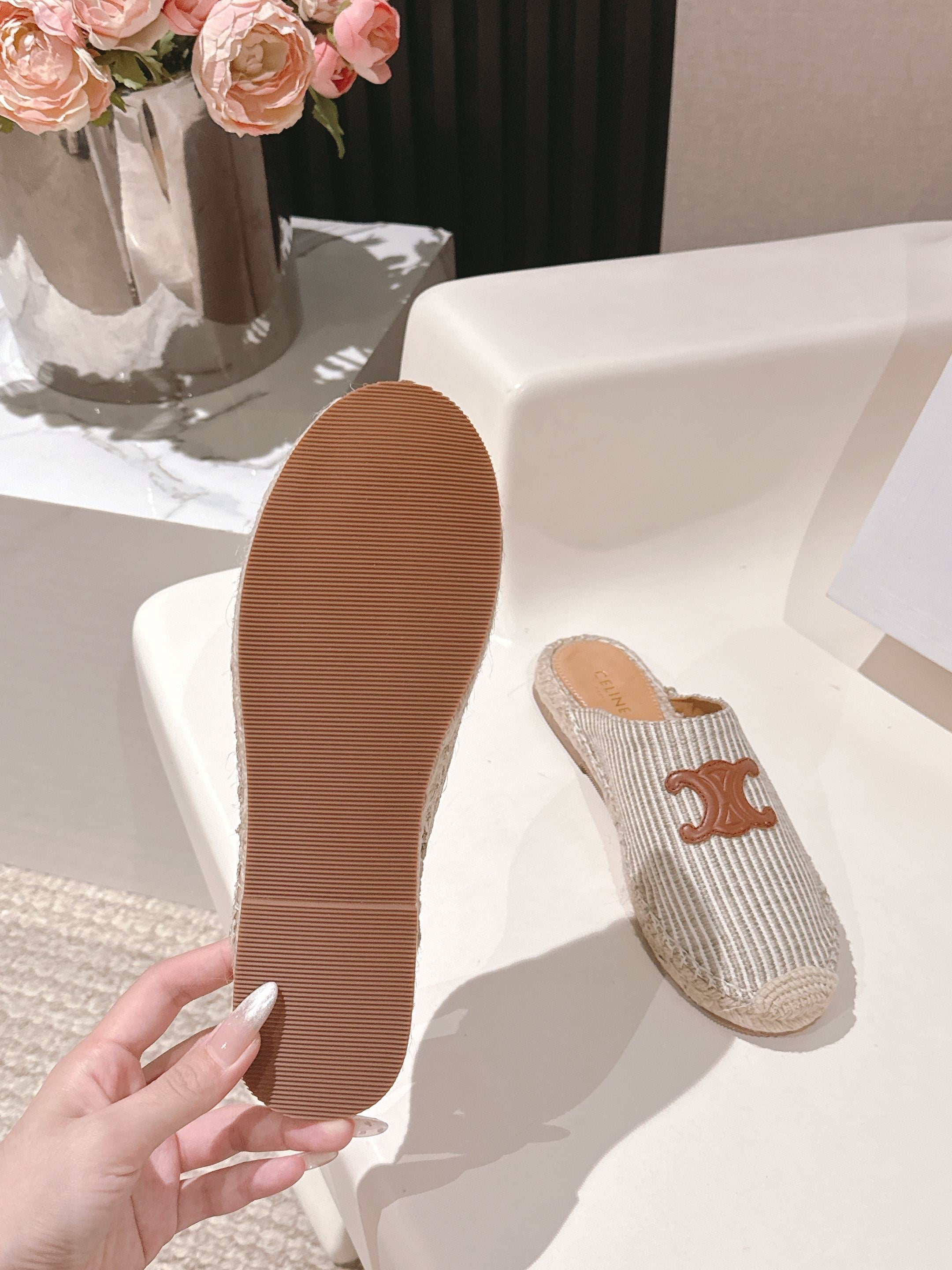 CELINE 25S LES ESPADRILLES MULE IN LIGHT GRAY CANVAS