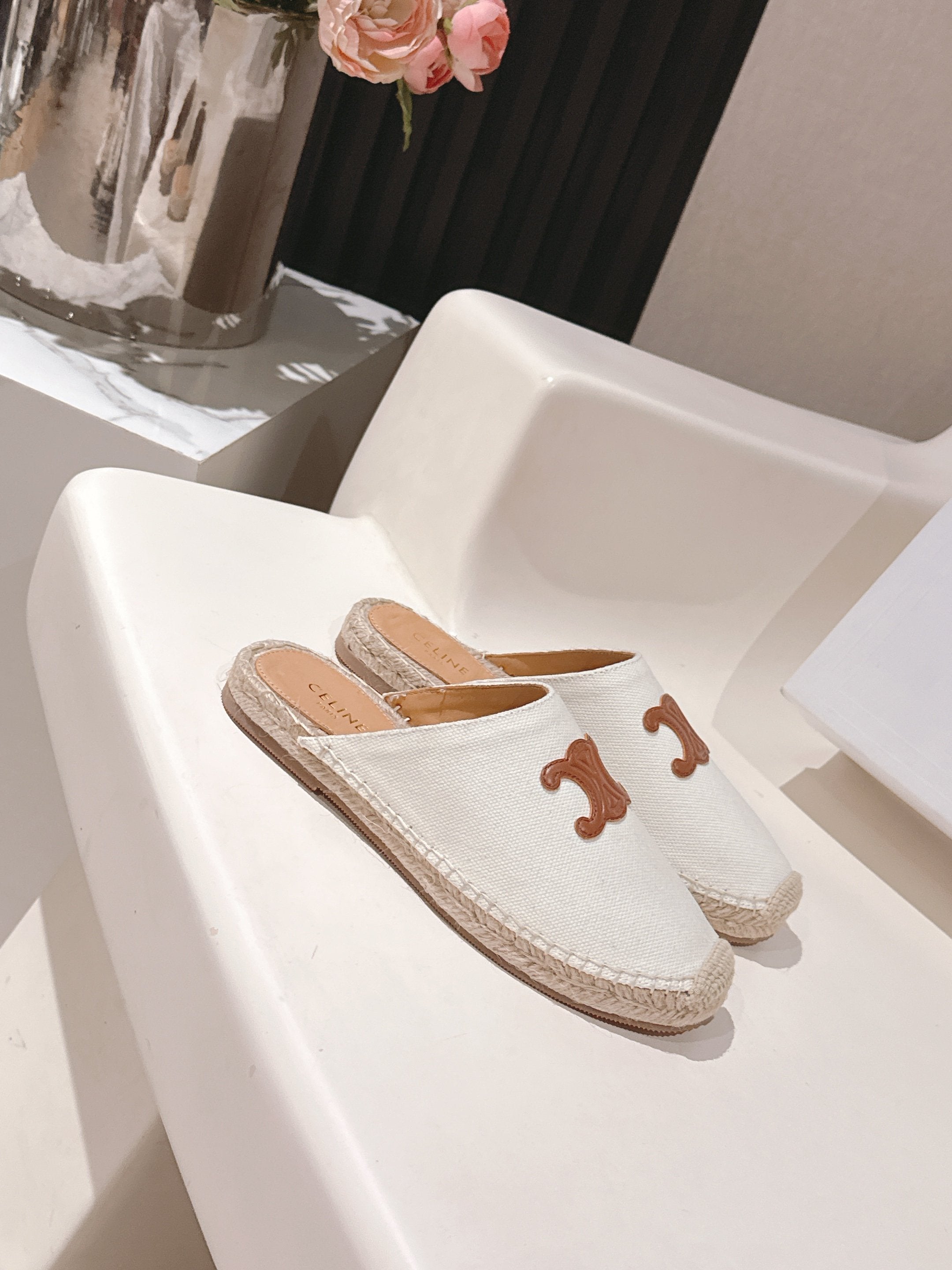 CELINE 25S LES ESPADRILLES MULE IN WHITE CANVAS