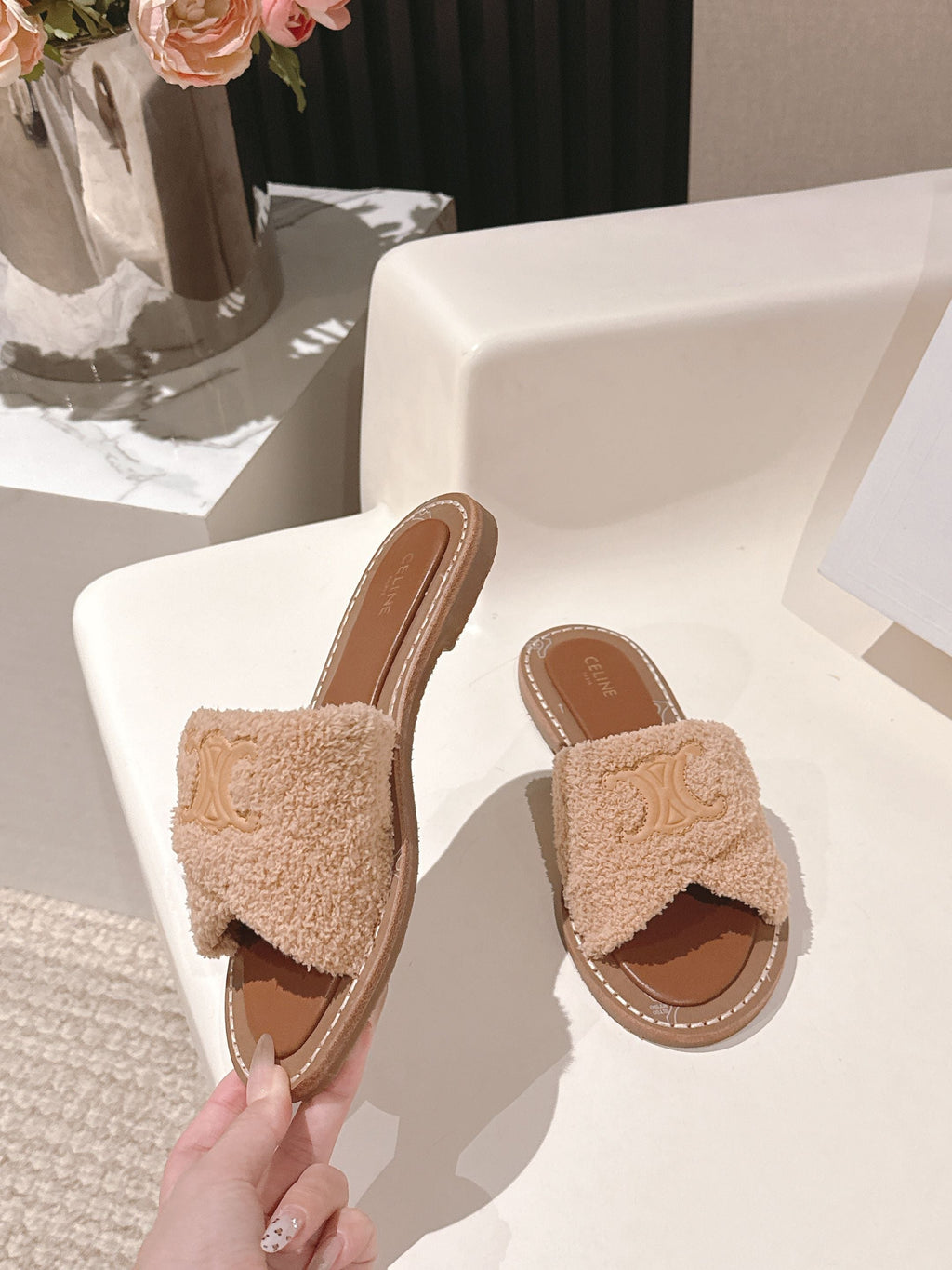 CELINE 25S LYMPIA TWISTED SANDAL IN BEIGE SPONGE FABRIC