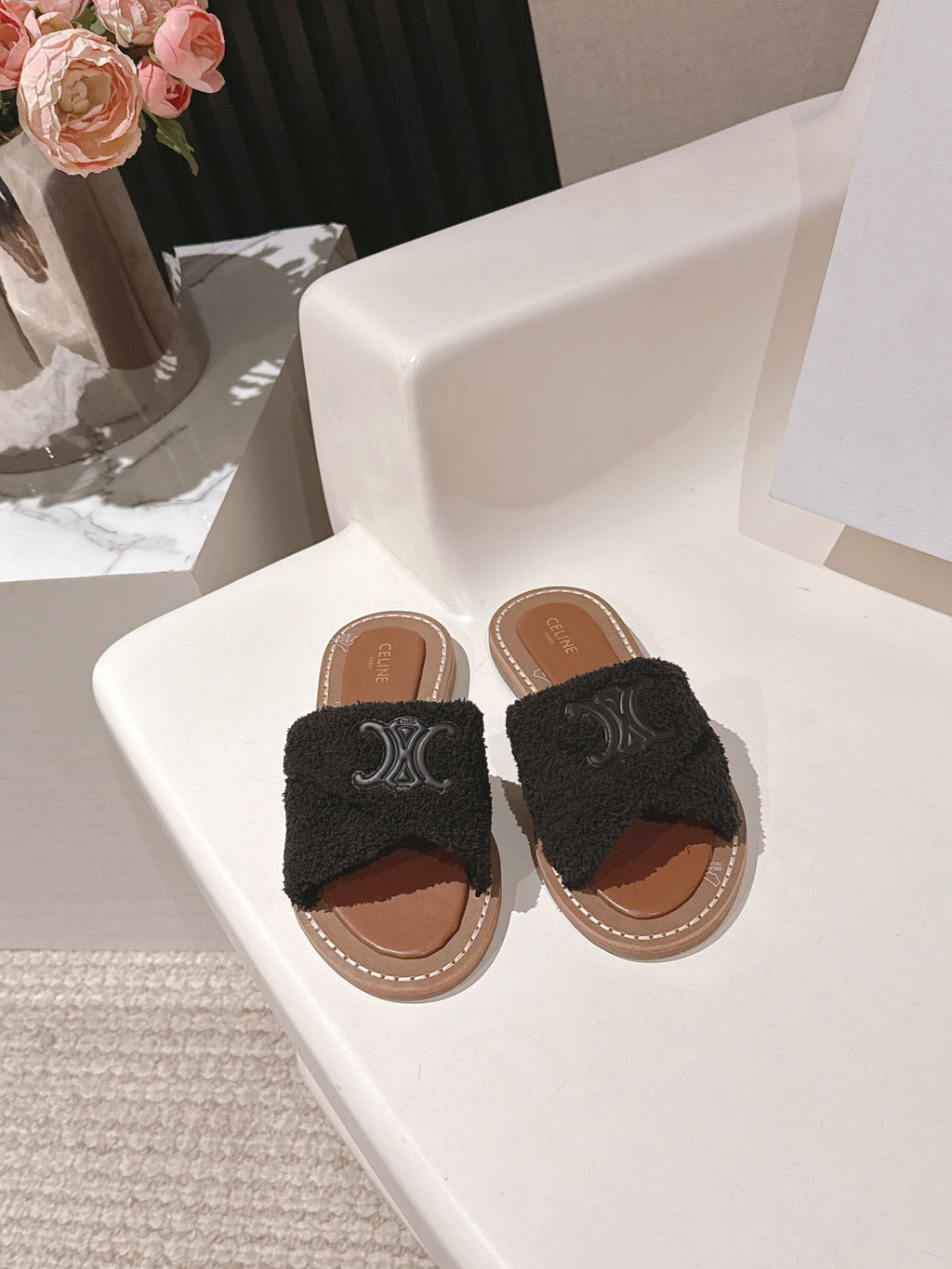 CELINE 25S LYMPIA TWISTED SANDAL IN BLACK SPONGE FABRIC