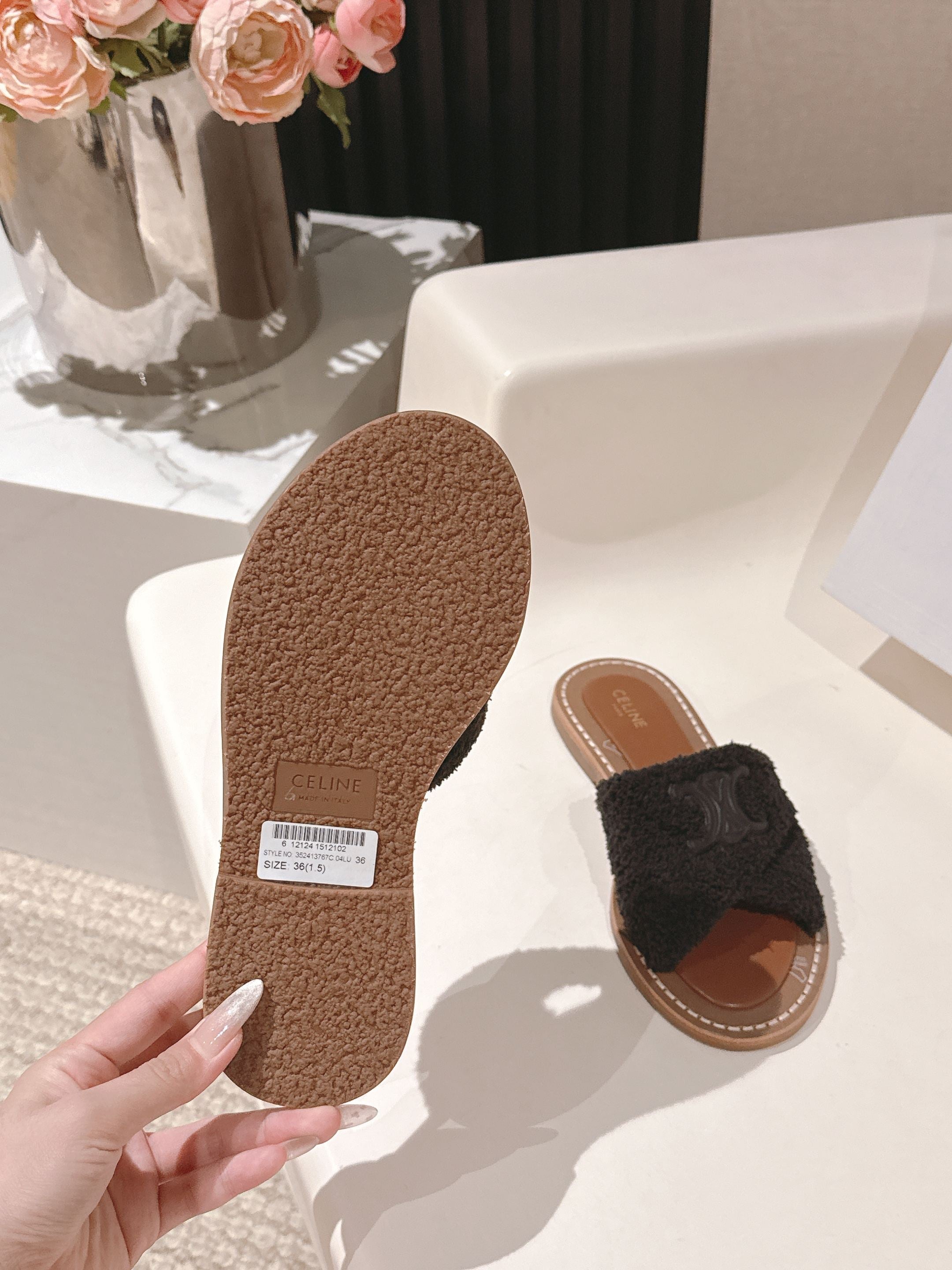 CELINE 25S LYMPIA TWISTED SANDAL IN BLACK SPONGE FABRIC