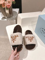 PRADA 25S FLAT MULES IN WHITE AND DARK BROWN RABBIT FUR