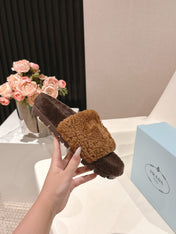 PRADA 25S FLAT MULES IN DARK BROWN RABBIT FUR