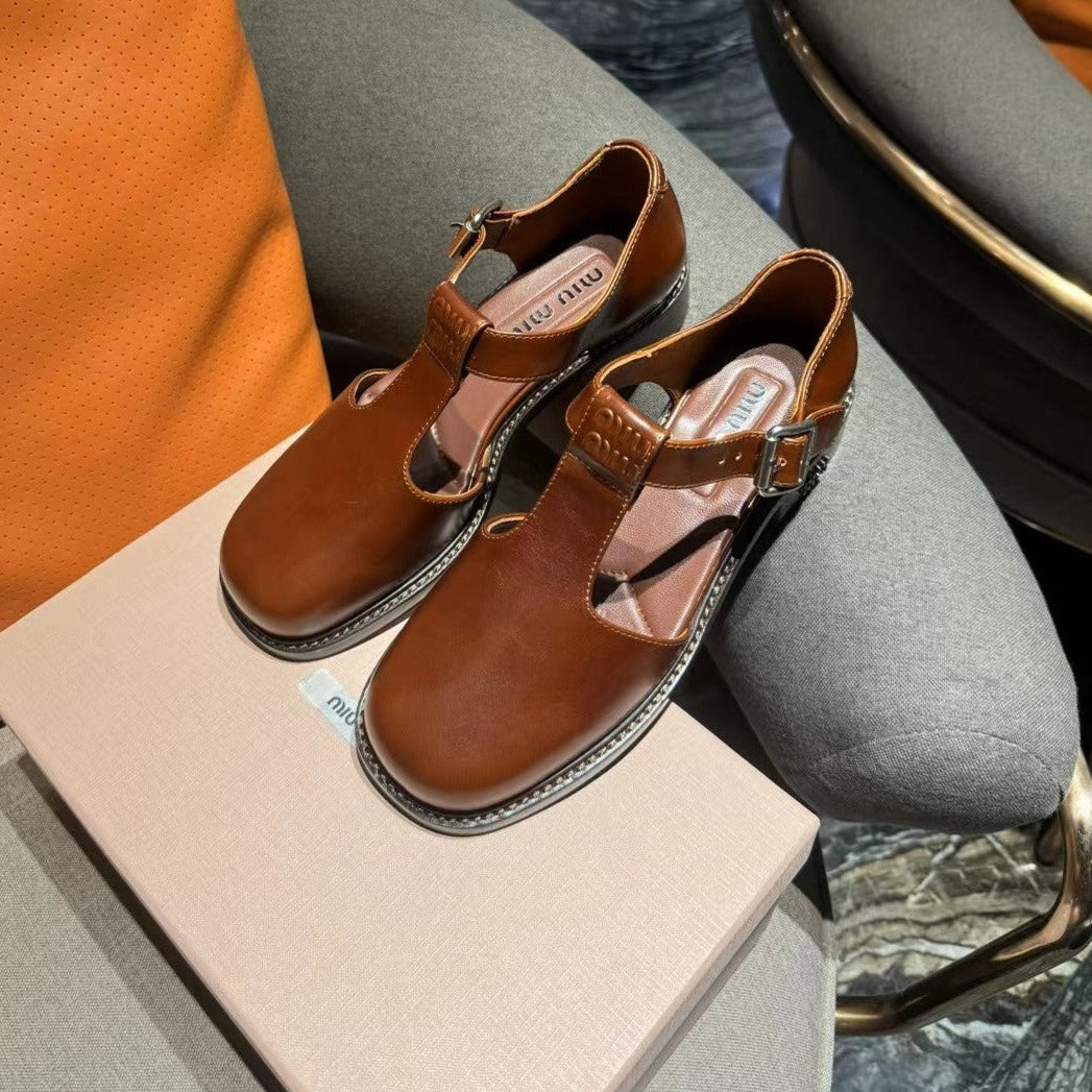 Square Toe Thick Heel Retro Mary Jane Shoes Chestnut Calfskin