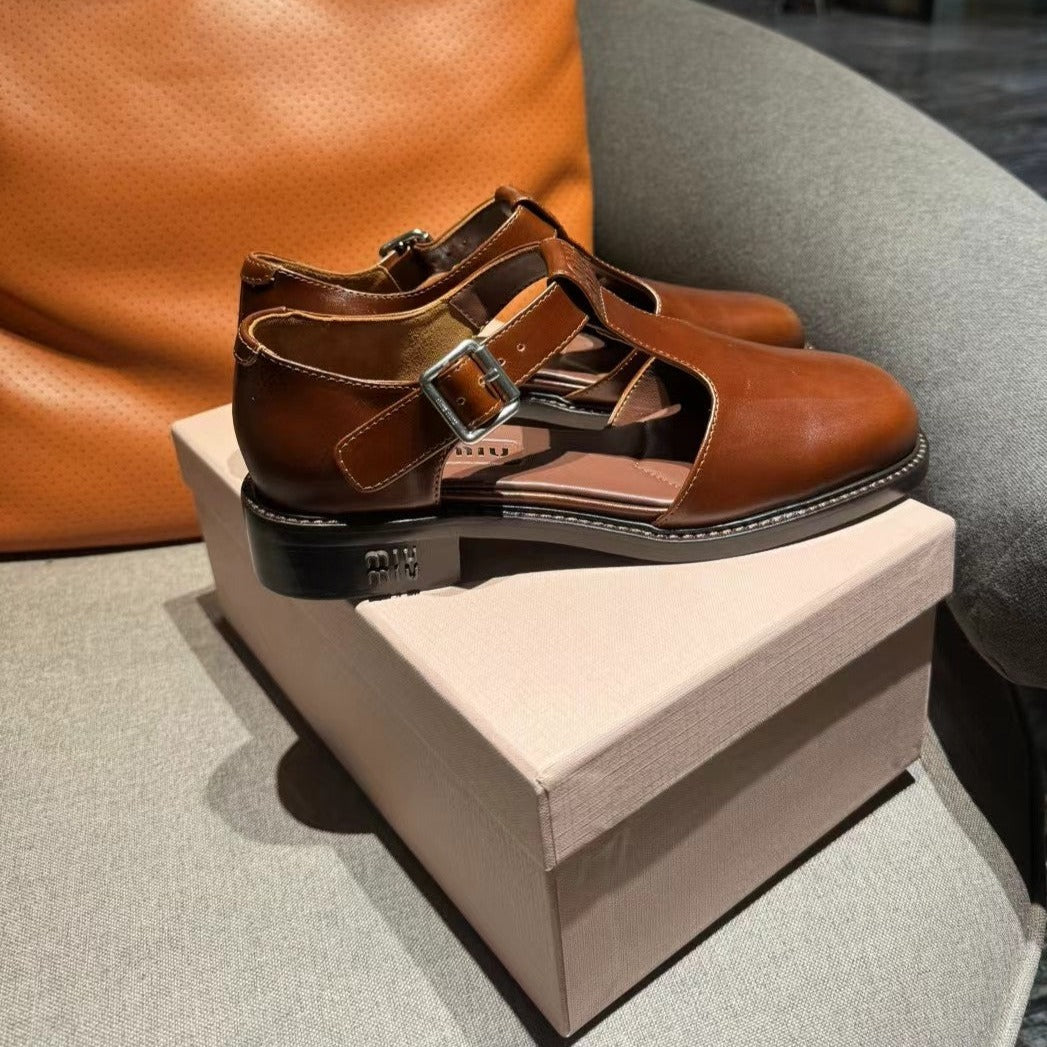 Square Toe Thick Heel Retro Mary Jane Shoes Chestnut Calfskin