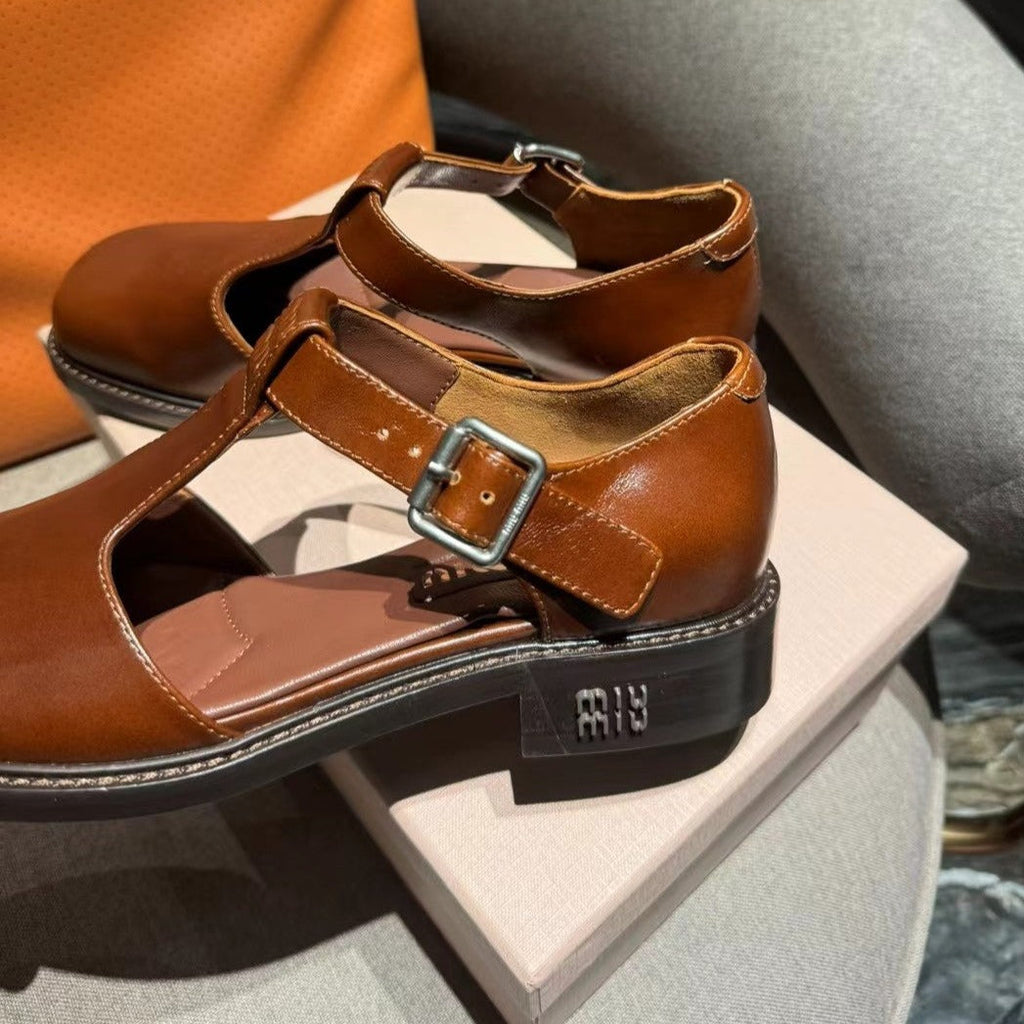 Square Toe Thick Heel Retro Mary Jane Shoes Chestnut Calfskin