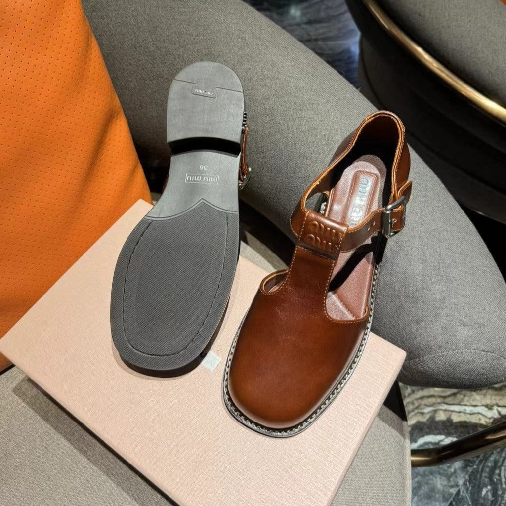 Square Toe Thick Heel Retro Mary Jane Shoes Chestnut Calfskin