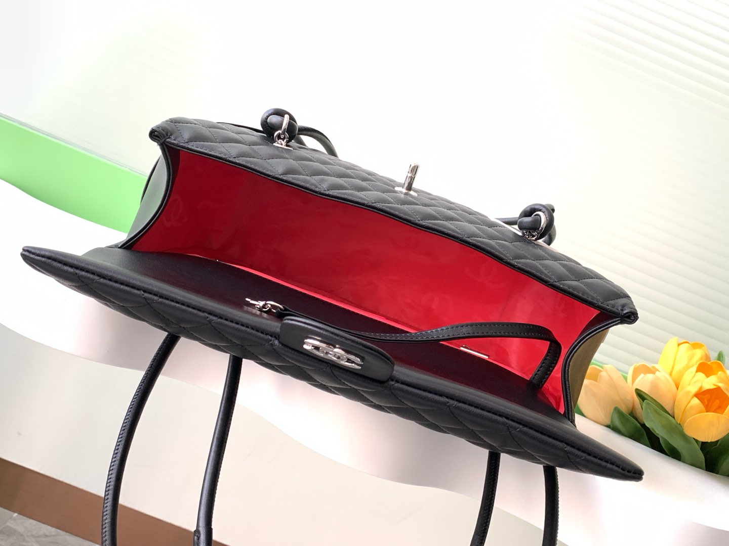 CHANEL CAMBON LARGE FLAP 25S 33 CM IN BLACK CALFSKIN WITH WHITE LOGO