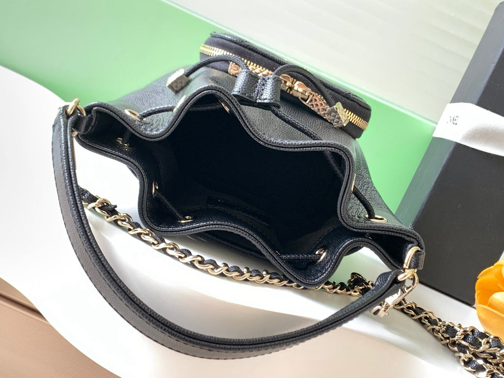 CHANEL 25S MINI BUCKET BAG 12 IN BLACK CALFSKIN GOLD HARDWARE