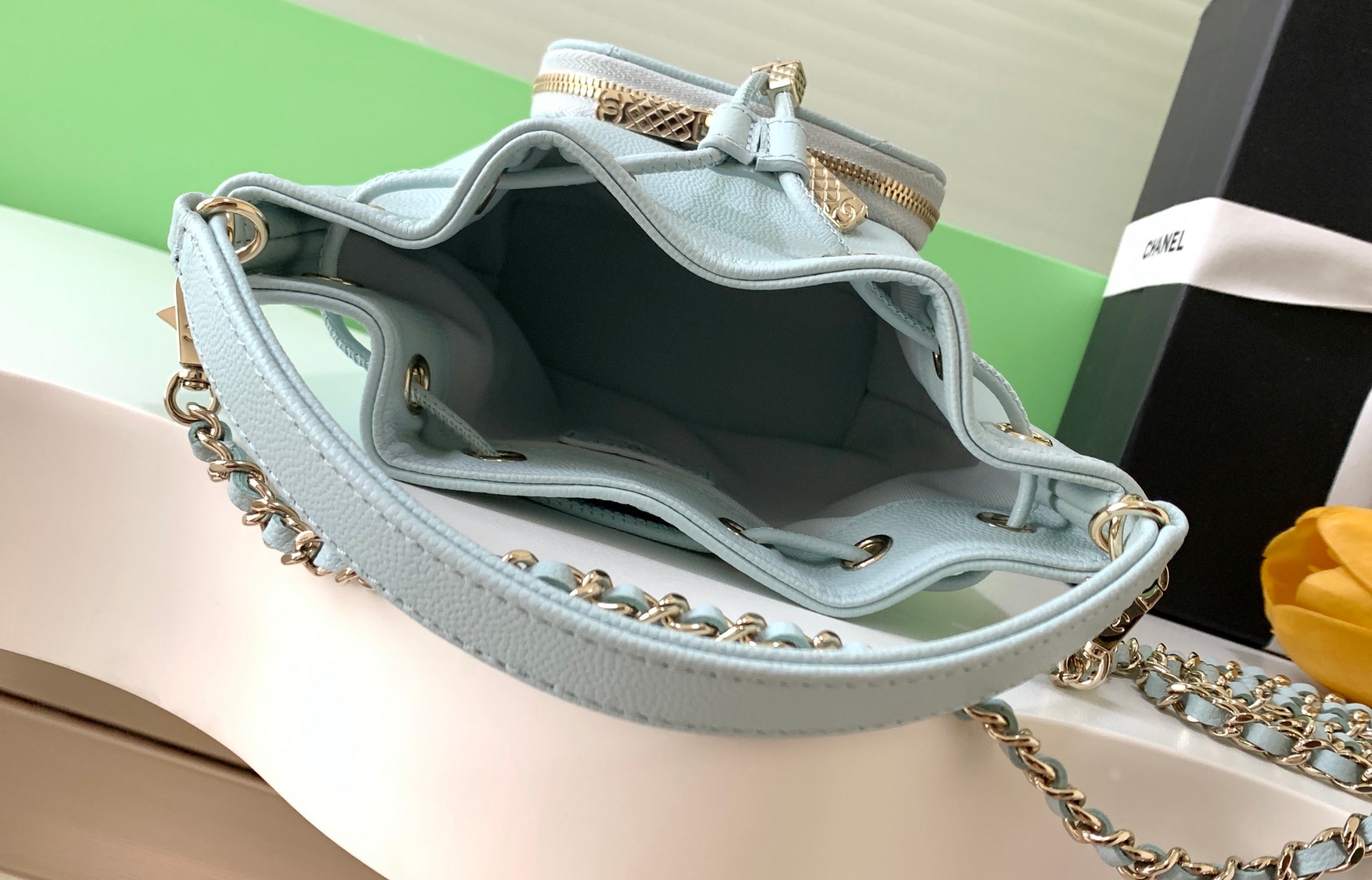 CHANEL 25S MINI BUCKET BAG 12 IN LIGHT BLUE CALFSKIN GOLD HARDWARE