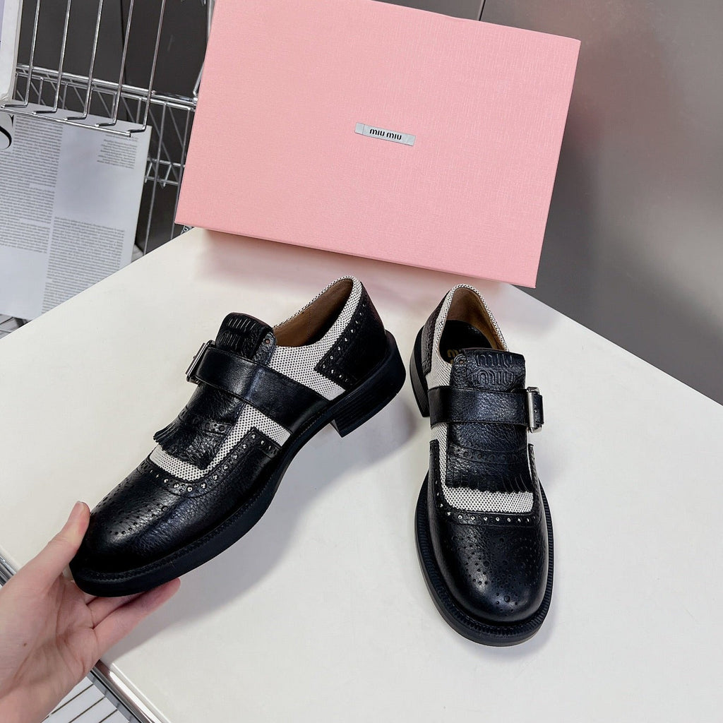 UNIQUE THICK-SOLED OXFORD SHOES BLACK MIX CREAM CALFSKIN