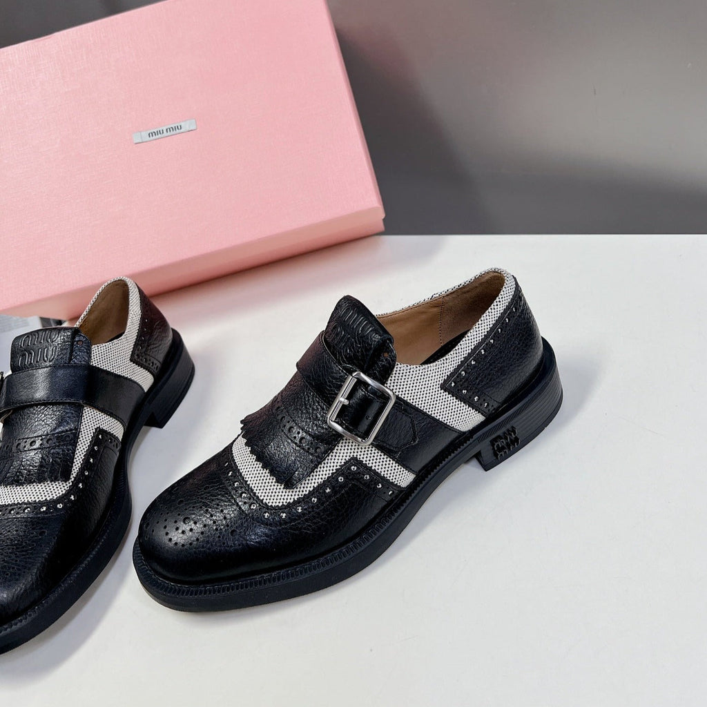 UNIQUE THICK-SOLED OXFORD SHOES BLACK MIX CREAM CALFSKIN