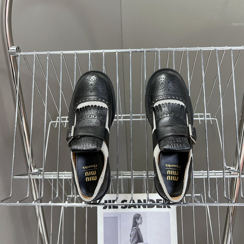 UNIQUE THICK-SOLED OXFORD SHOES BLACK MIX CREAM CALFSKIN