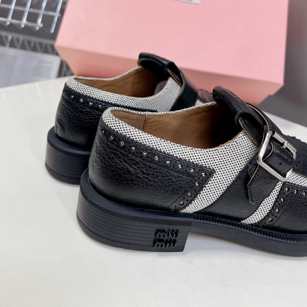 UNIQUE THICK-SOLED OXFORD SHOES BLACK MIX CREAM CALFSKIN