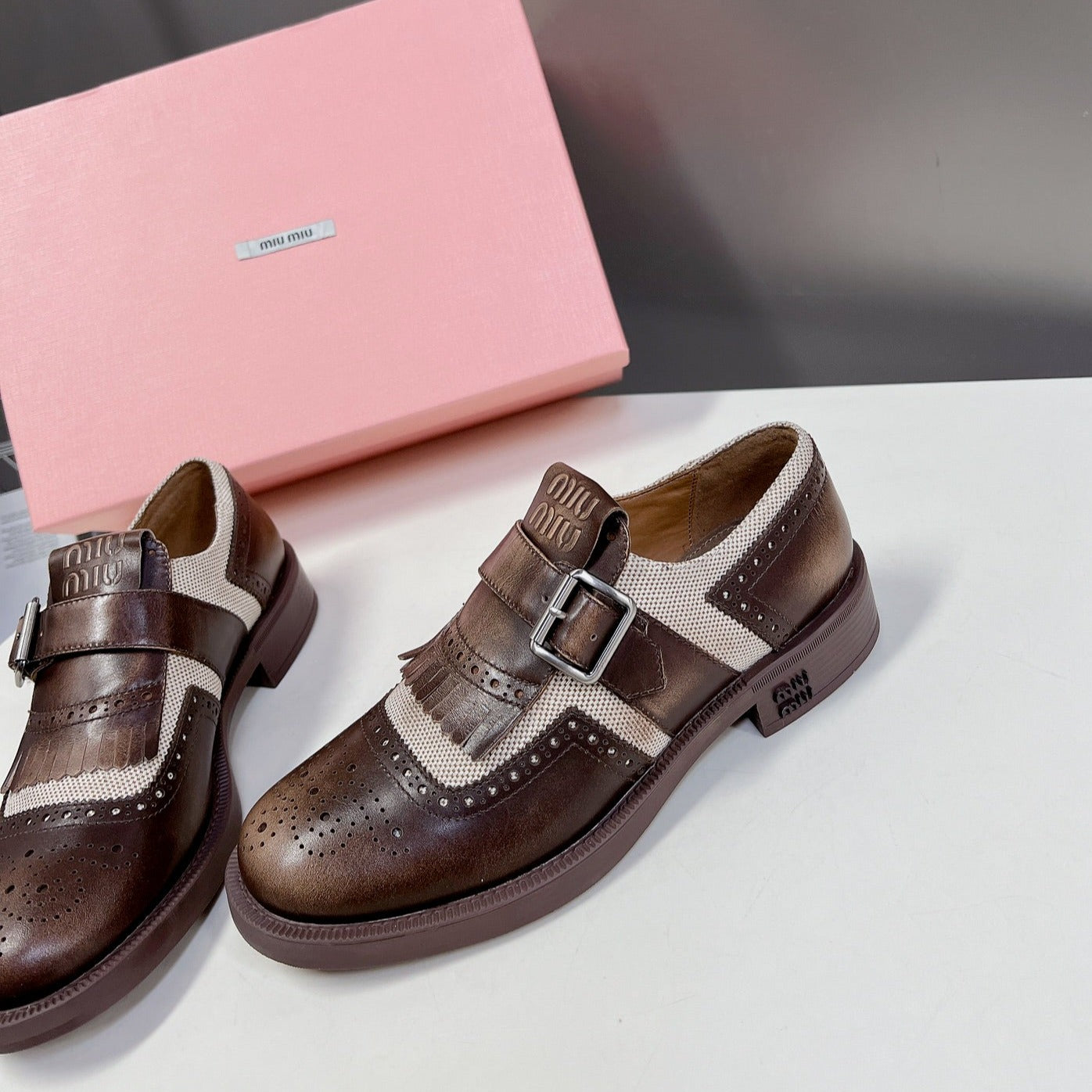 UNIQUE THICK-SOLED OXFORD SHOES WOOD MIX CREAM CALFSKIN