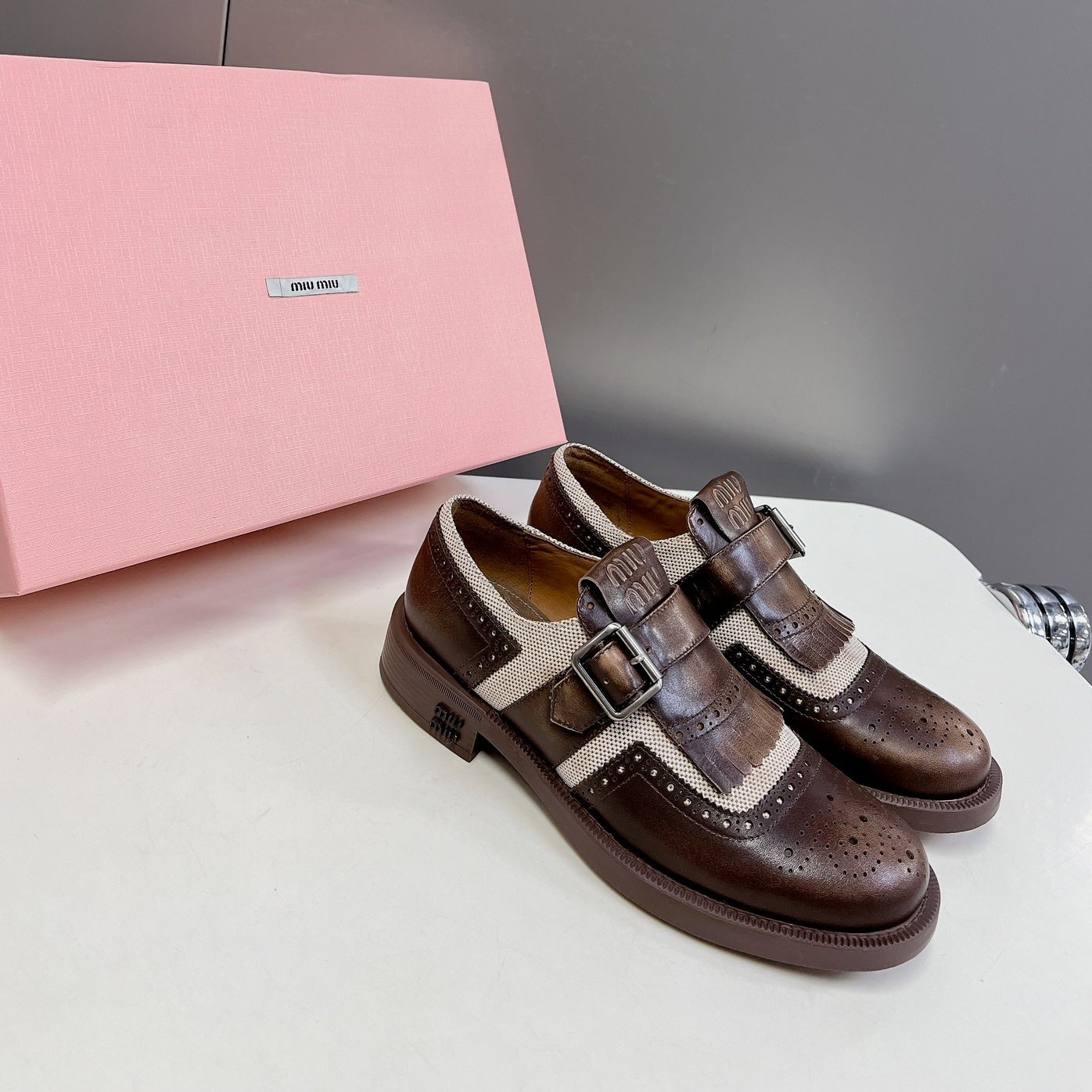 UNIQUE THICK-SOLED OXFORD SHOES WOOD MIX CREAM CALFSKIN