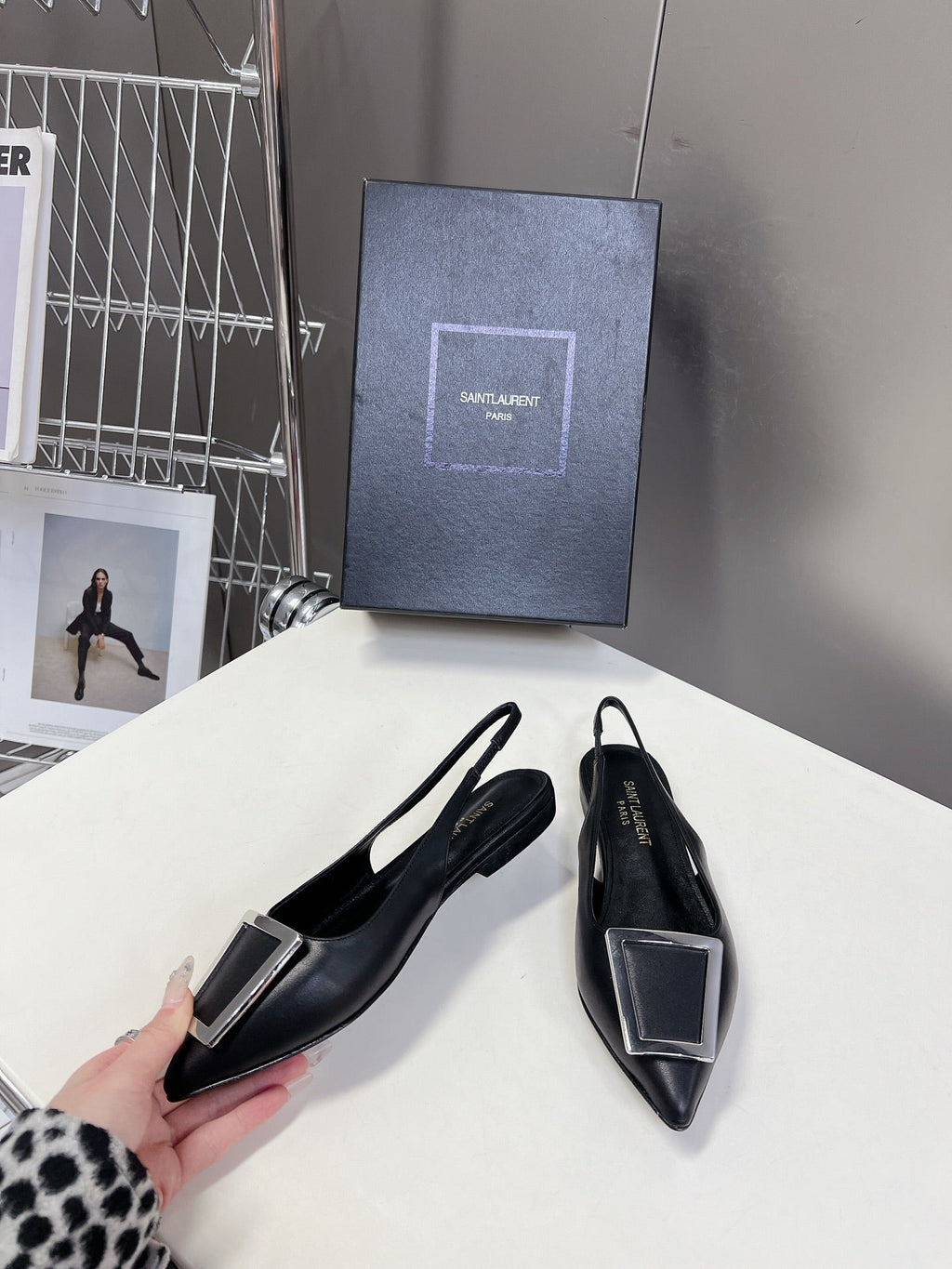 SL SQUARE BUCKLE SLINGBACK BLACK CALFSKIN