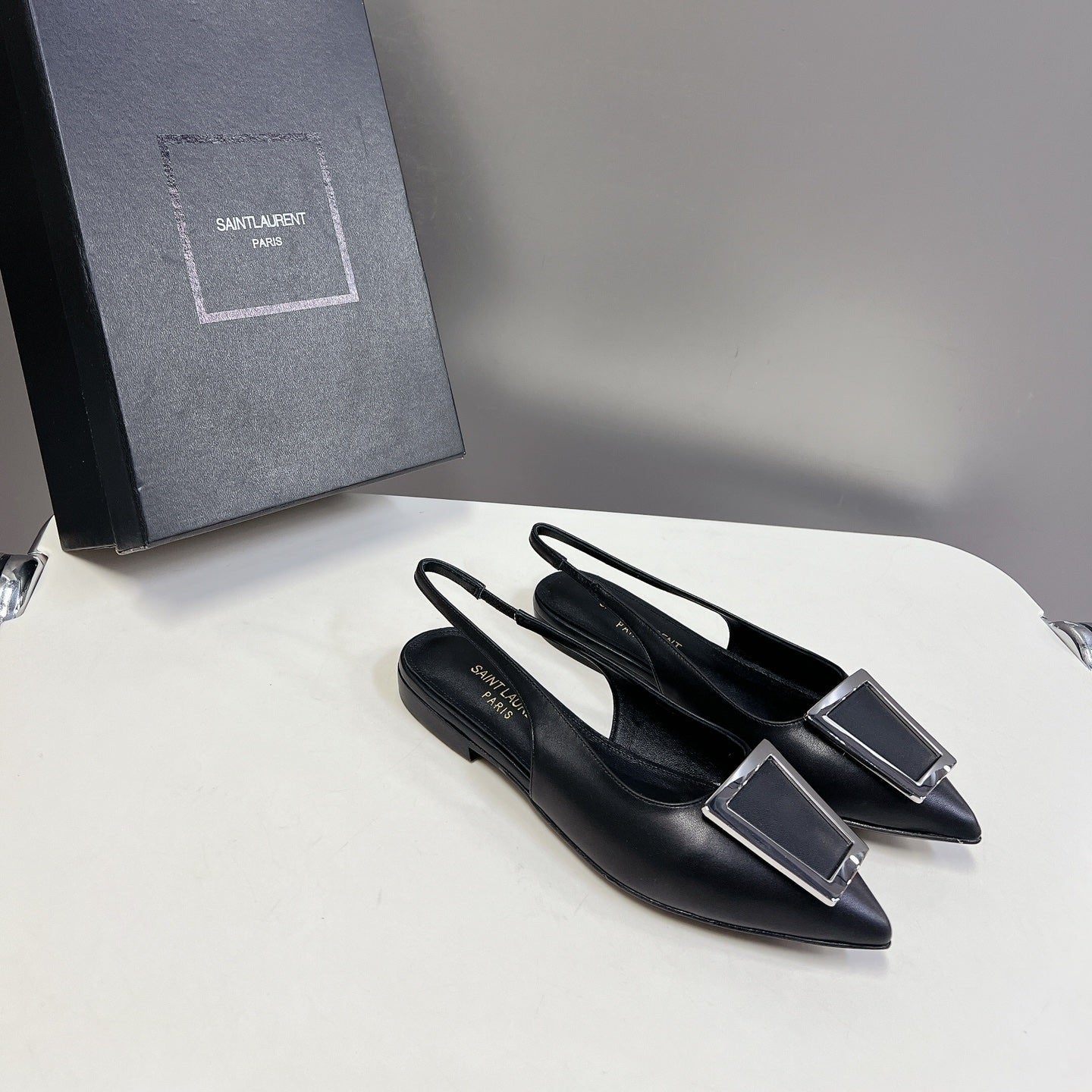 SL SQUARE BUCKLE SLINGBACK BLACK CALFSKIN