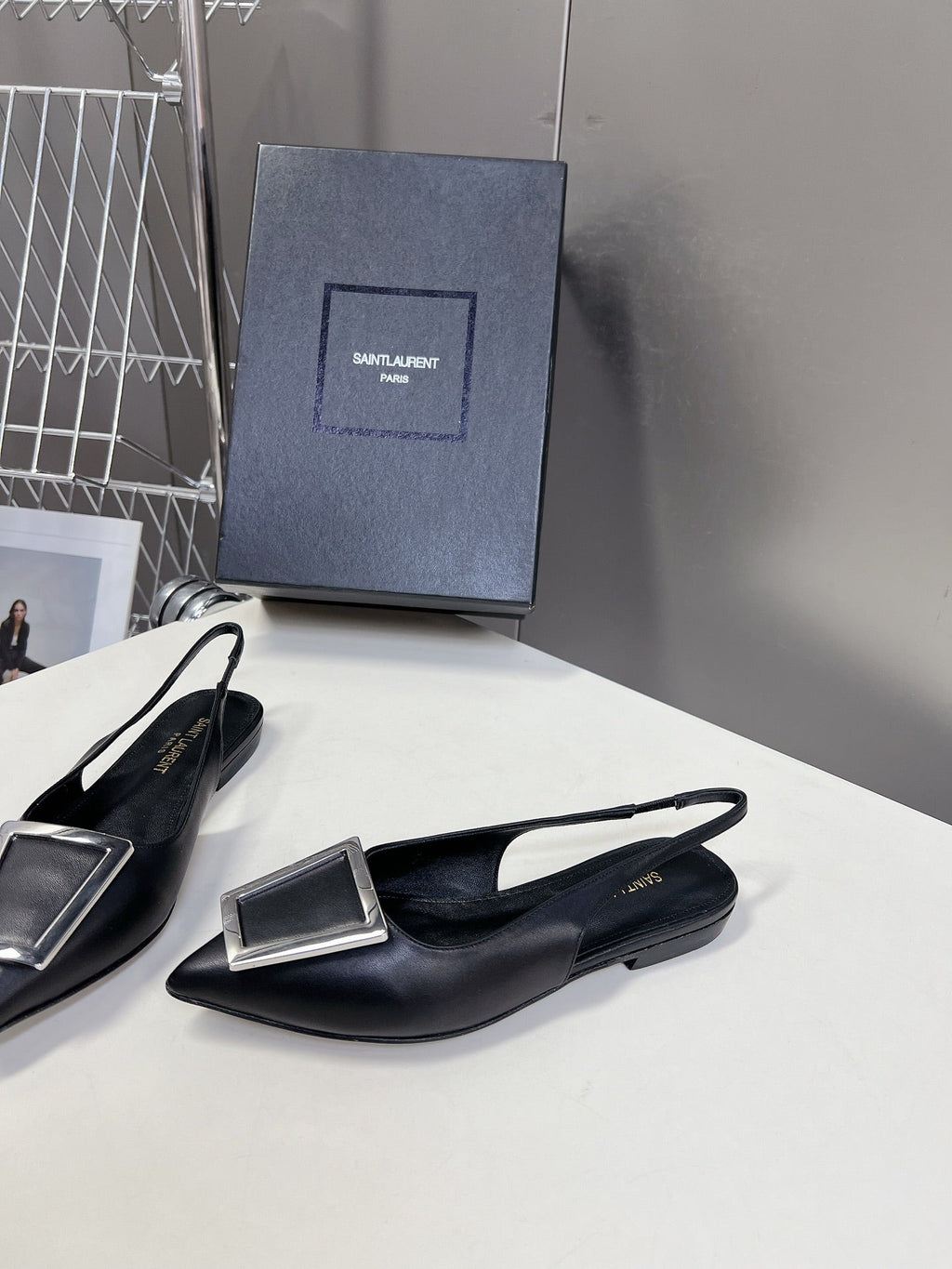 SL SQUARE BUCKLE SLINGBACK BLACK CALFSKIN