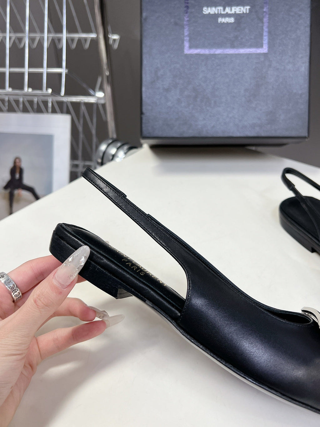 SL SQUARE BUCKLE SLINGBACK BLACK CALFSKIN