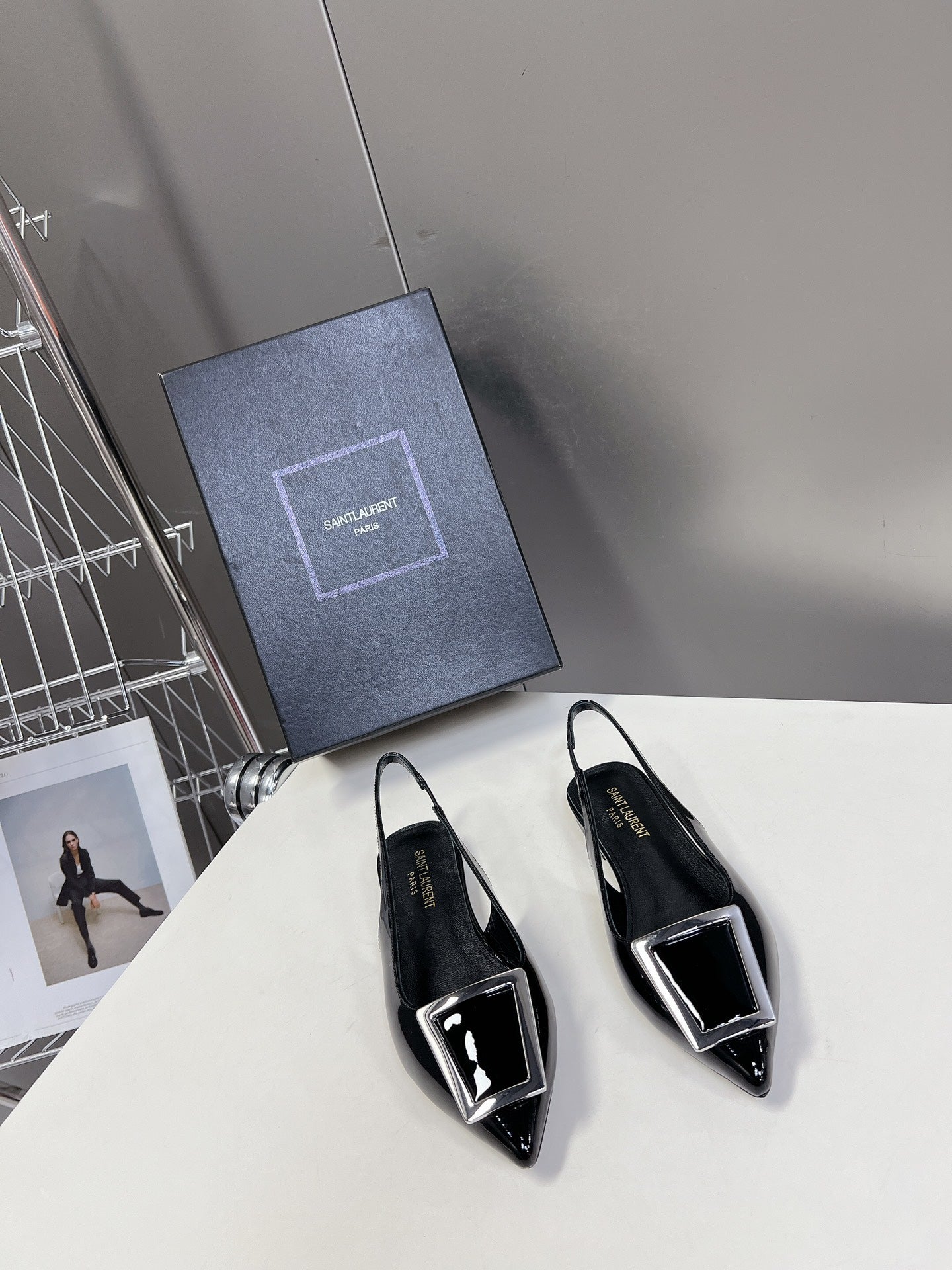 SL SQUARE BUCKLE SLINGBACK BLACK POLISHED CALFSKIN