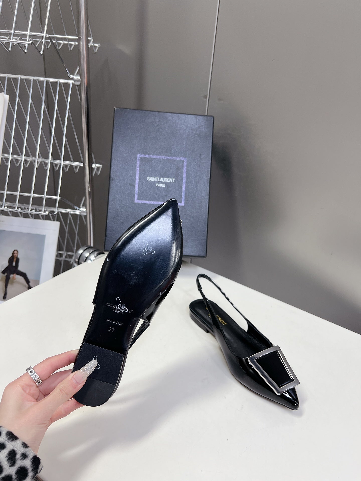 SL SQUARE BUCKLE SLINGBACK BLACK POLISHED CALFSKIN