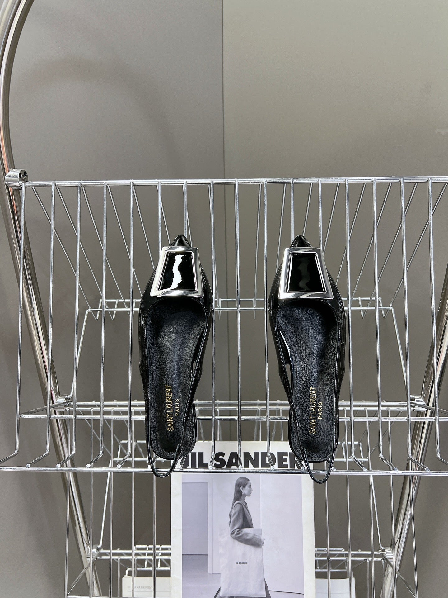 SL SQUARE BUCKLE SLINGBACK BLACK POLISHED CALFSKIN