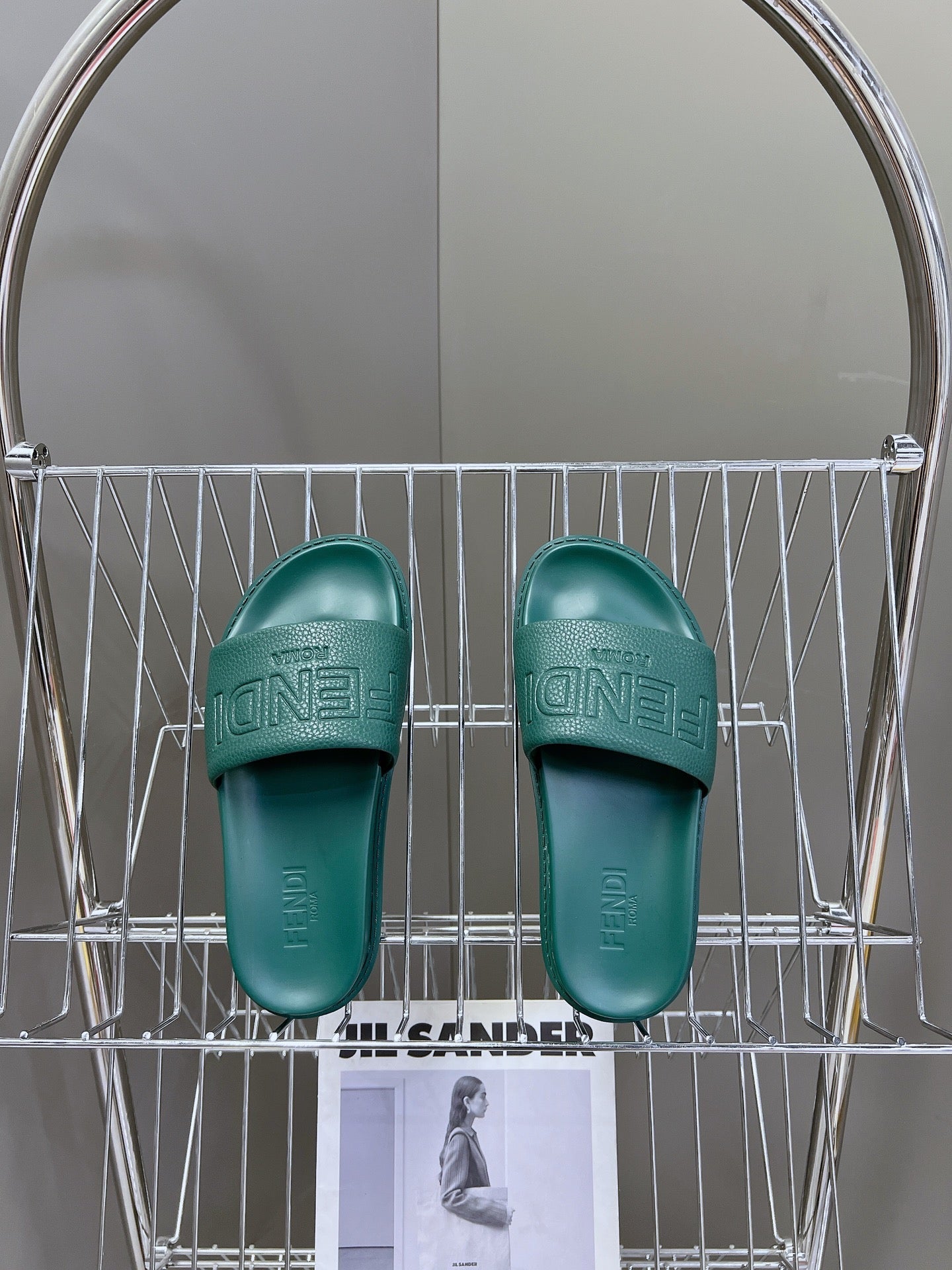 FENDI ROMA SLIDES IN TEAL GREEN LAMBSKIN LEATHER