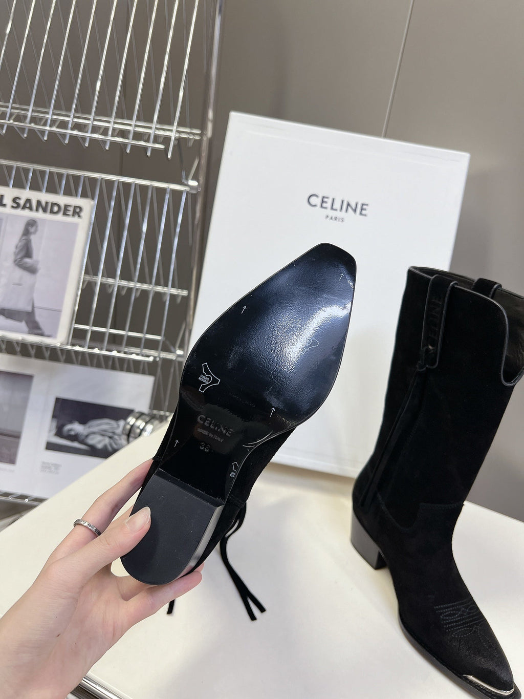 CELINE 25S HIGH CUT CHELSEA BOOTS 45MM IN BLACK SUEDE