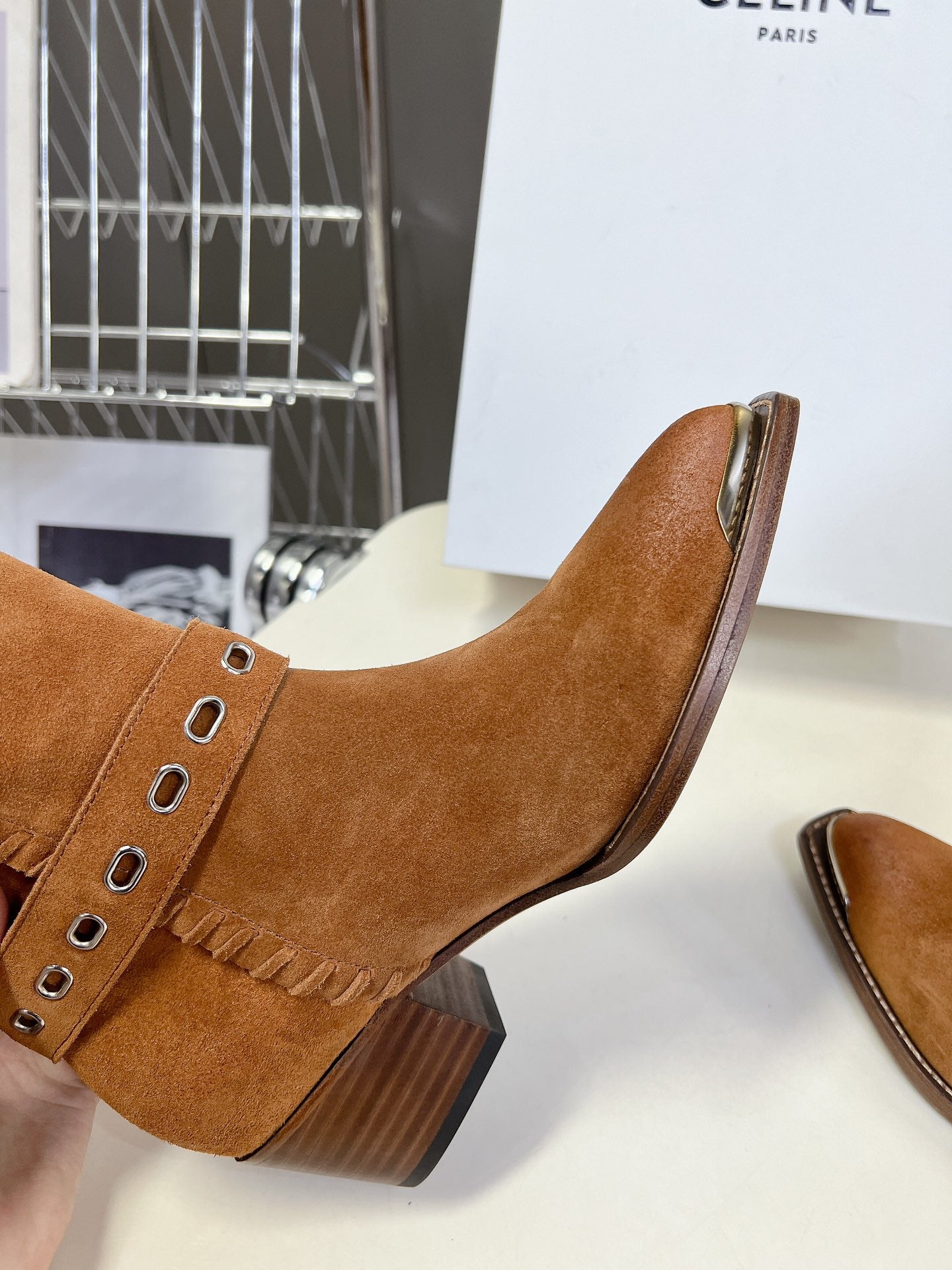 CELINE 25S BULKY LACED UP BOOTS 45MM IN BURNT ORANGE SUEDE