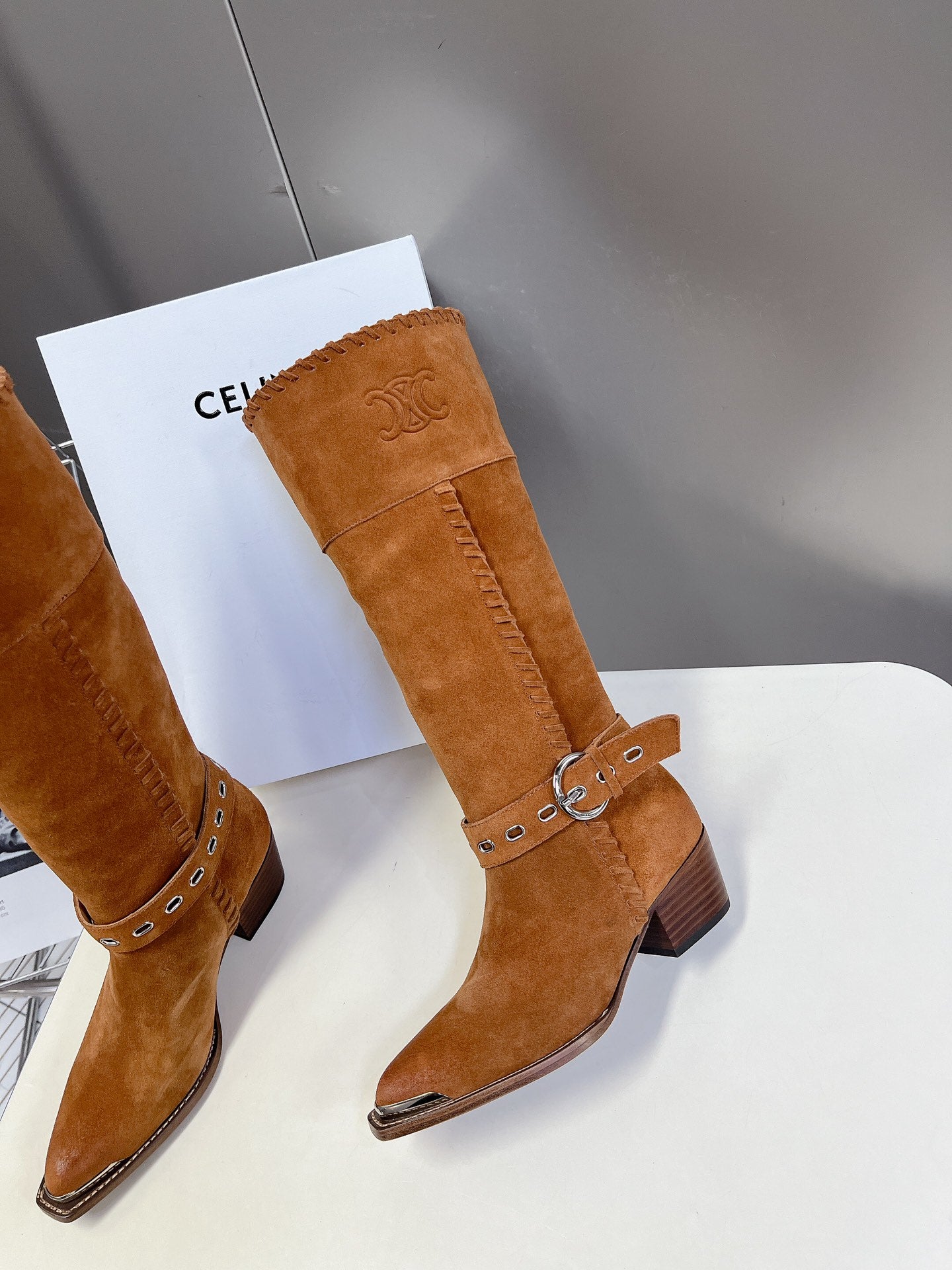 CELINE 25S BULKY LACED UP BOOTS 45MM IN BURNT ORANGE SUEDE