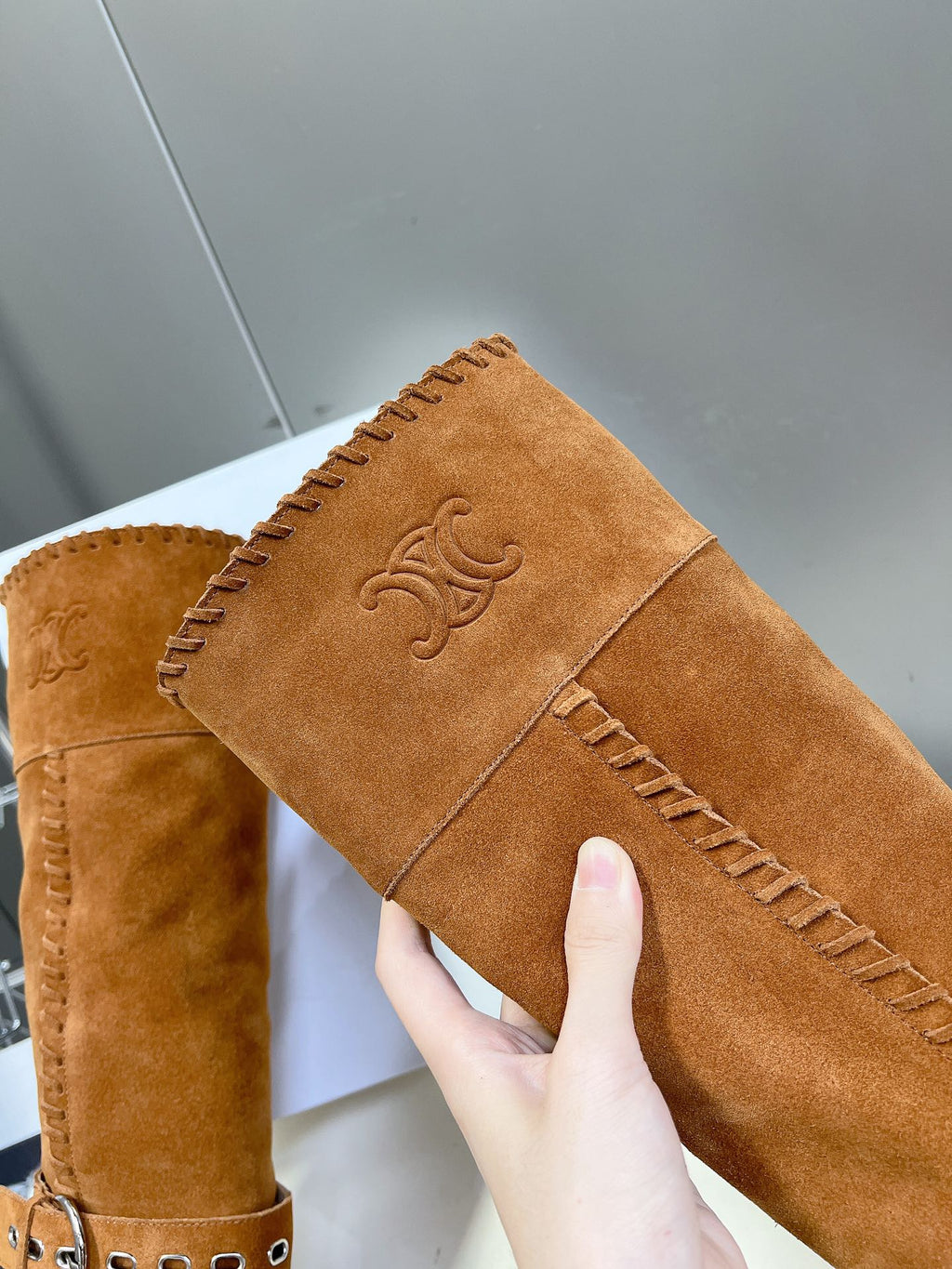 CELINE 25S BULKY LACED UP BOOTS 45MM IN BURNT ORANGE SUEDE