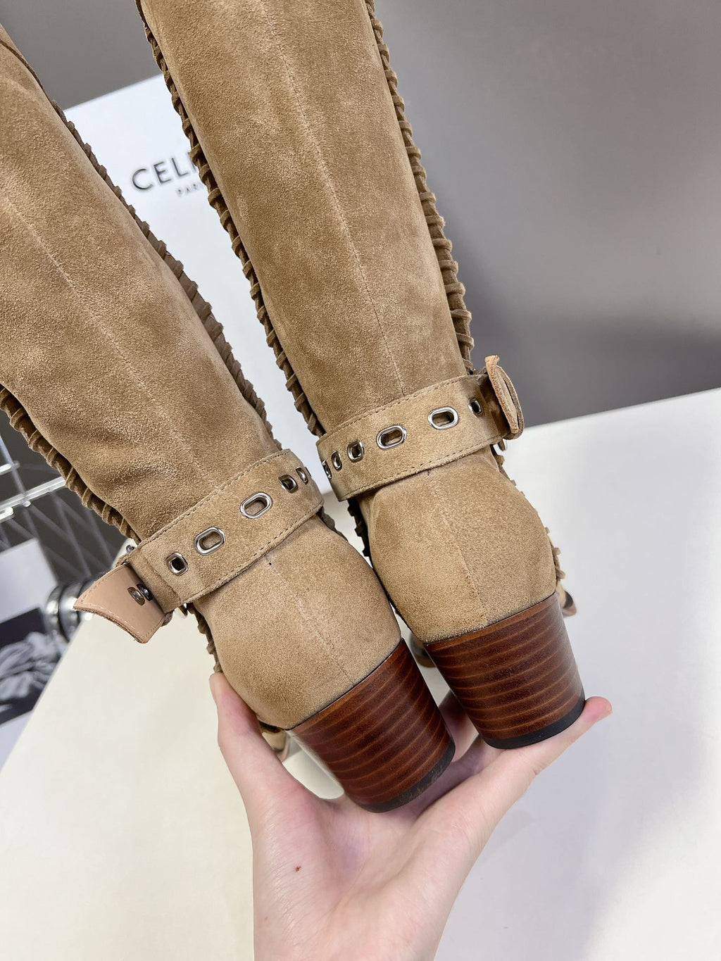 CELINE 25S BULKY LACED UP BOOTS 45MM IN LIGHT BROWN SUEDE