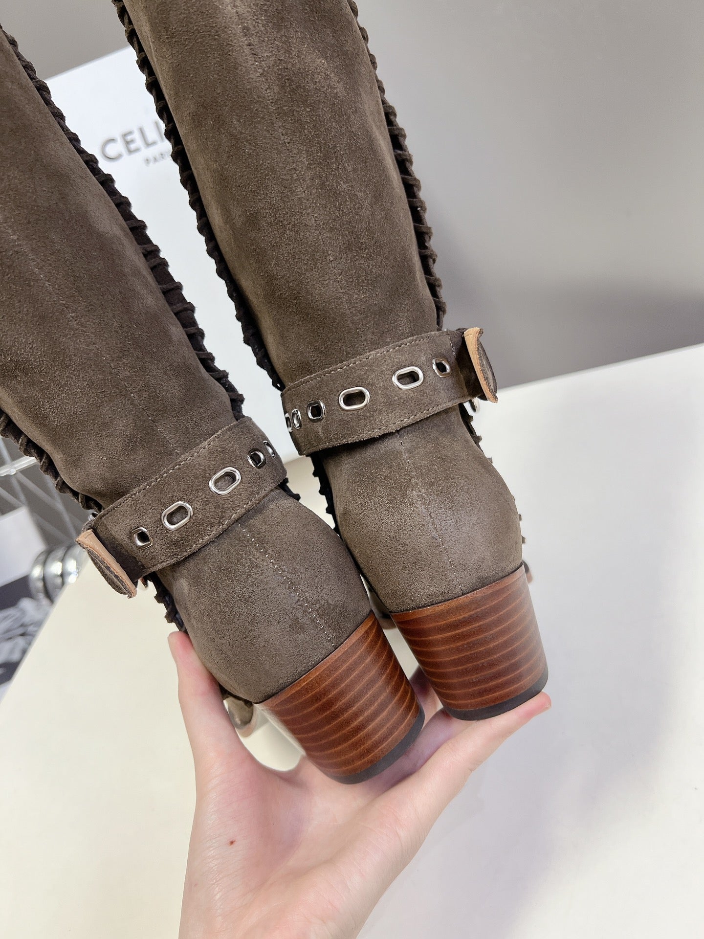 CELINE 25S BULKY LACED UP BOOTS 45MM IN CHARCOAL BROWN SUEDE