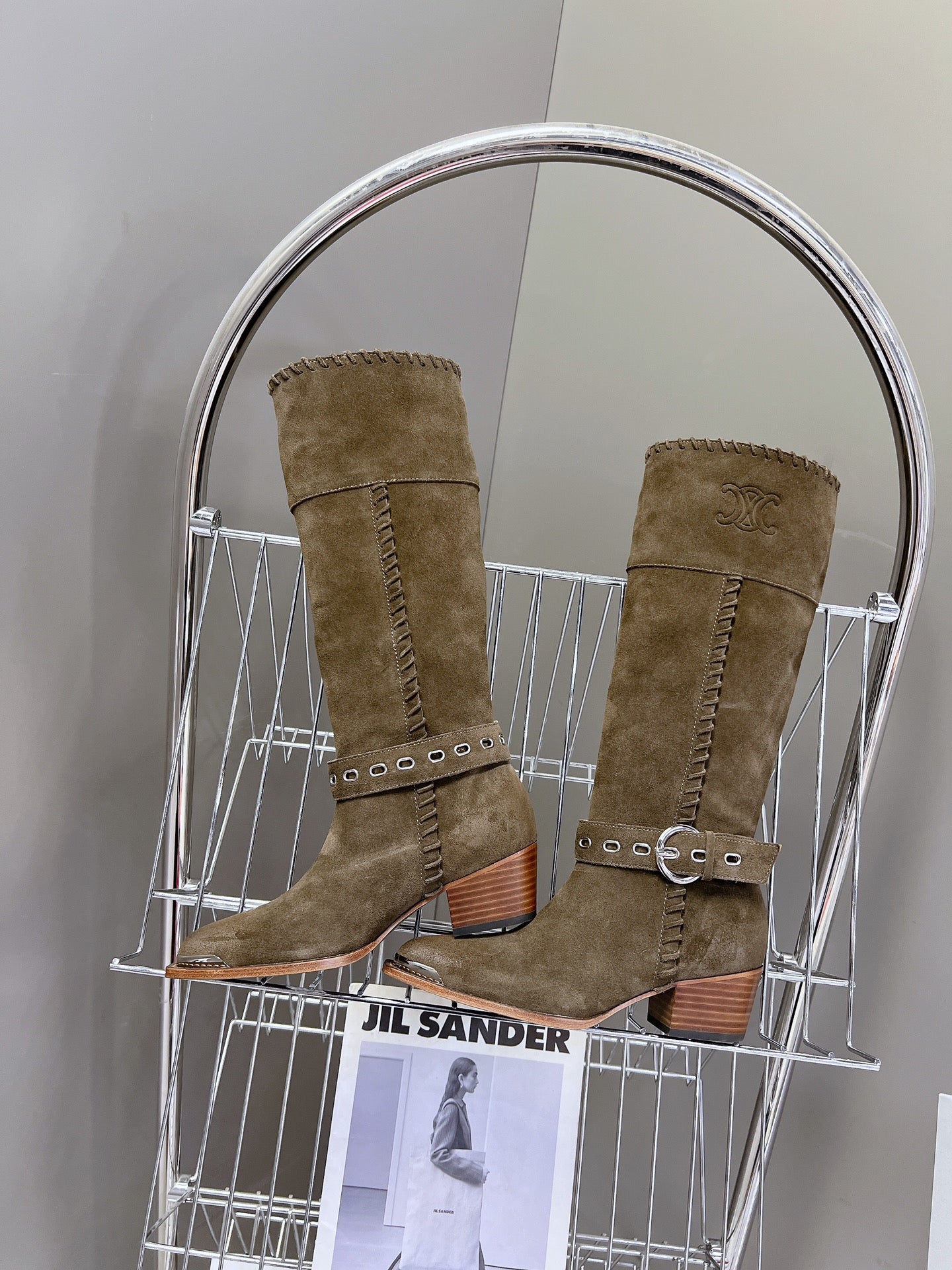 CELINE 25S BULKY LACED UP BOOTS 45MM IN CHARCOAL BROWN SUEDE