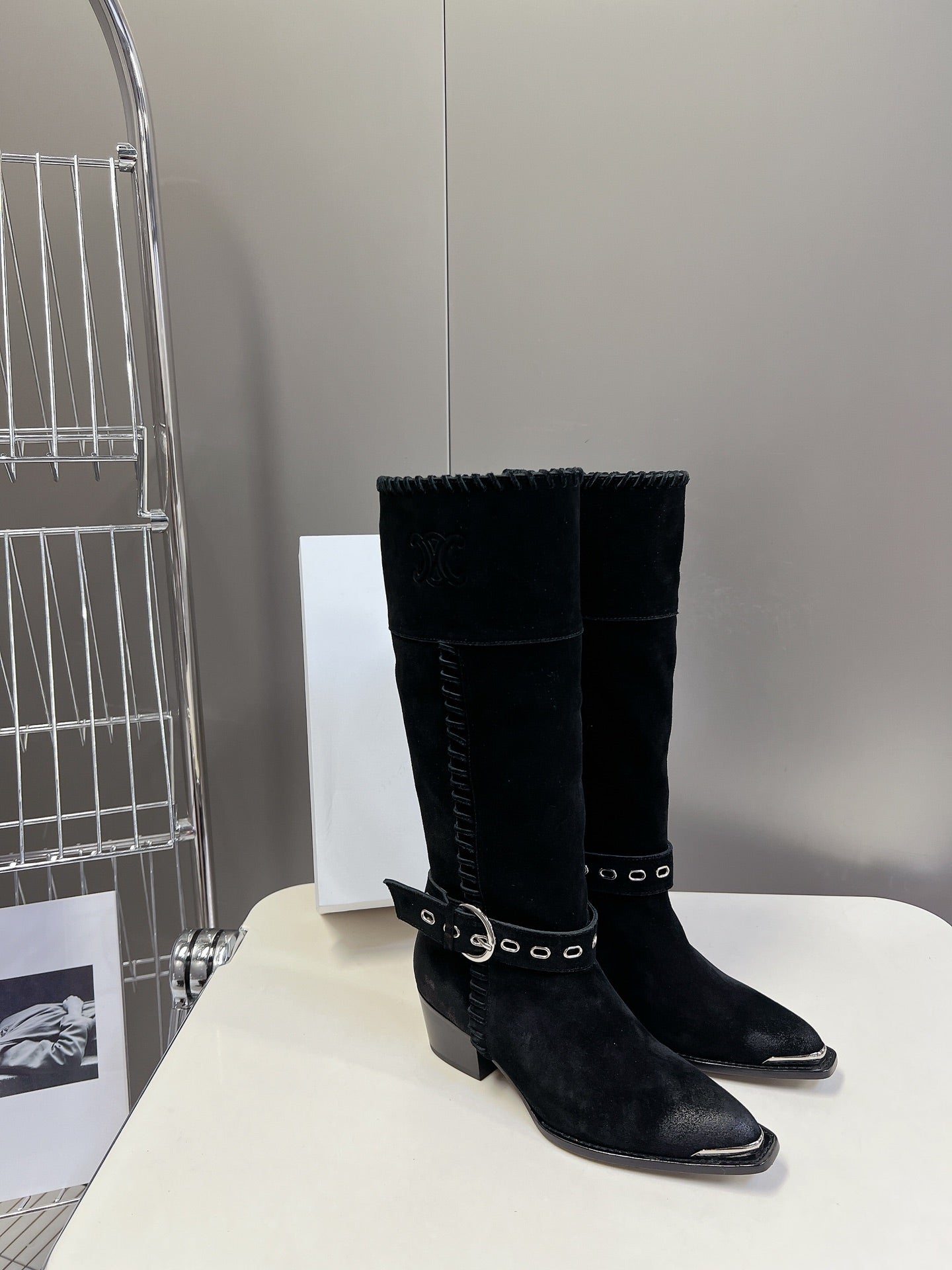 CELINE 25S BULKY LACED UP BOOTS 45MM IN BLACK SUEDE
