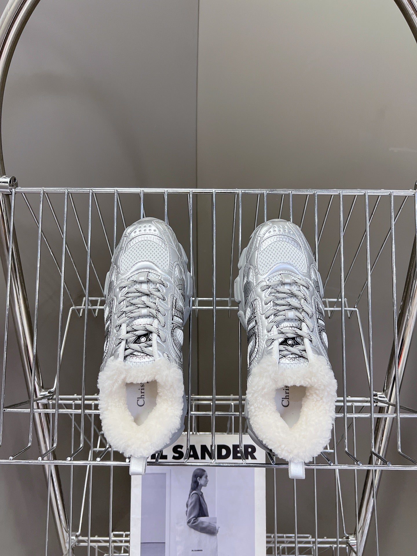 DIOR CHRONO SNEAKER 25S IN SILVER LAMBSKIN AND MESH FABRIC