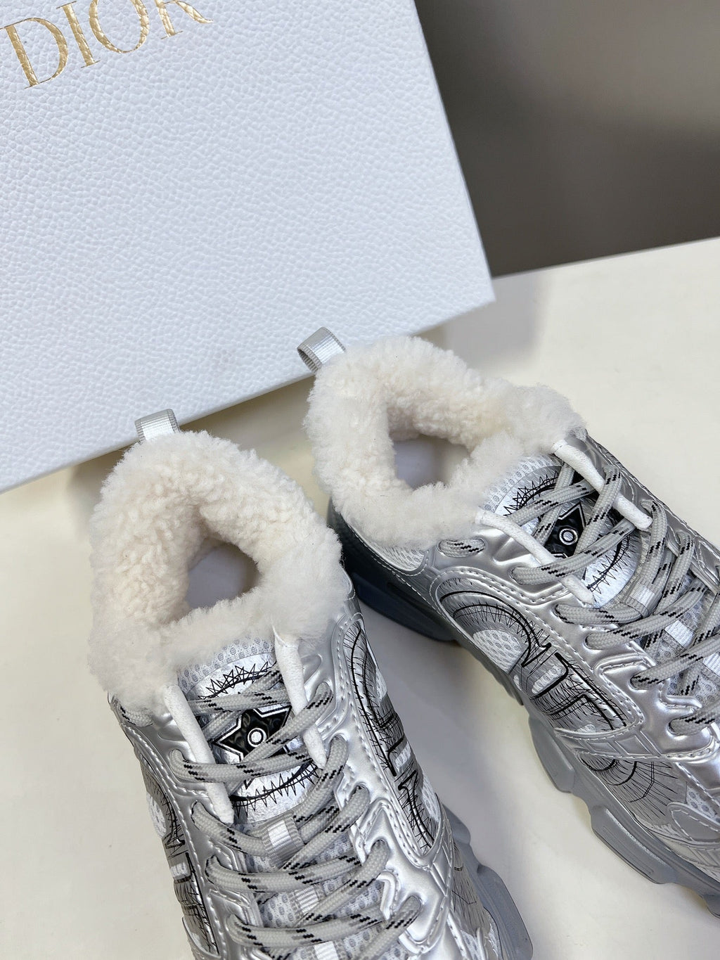 DIOR CHRONO SNEAKER 25S IN SILVER LAMBSKIN AND MESH FABRIC