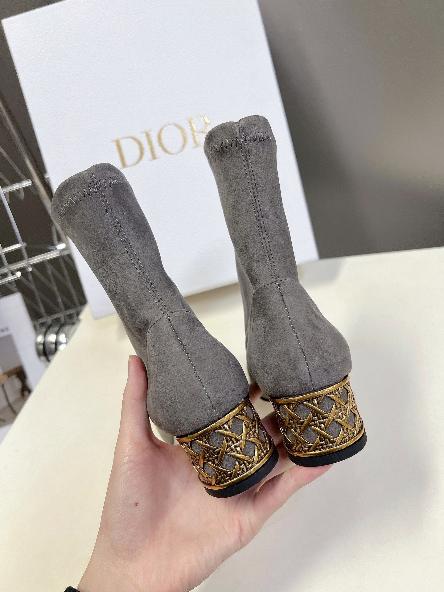 ICON HEELED ANKLE BOOT DOVE GRAY SUEDE 4 CM WITH GOLD LOGO