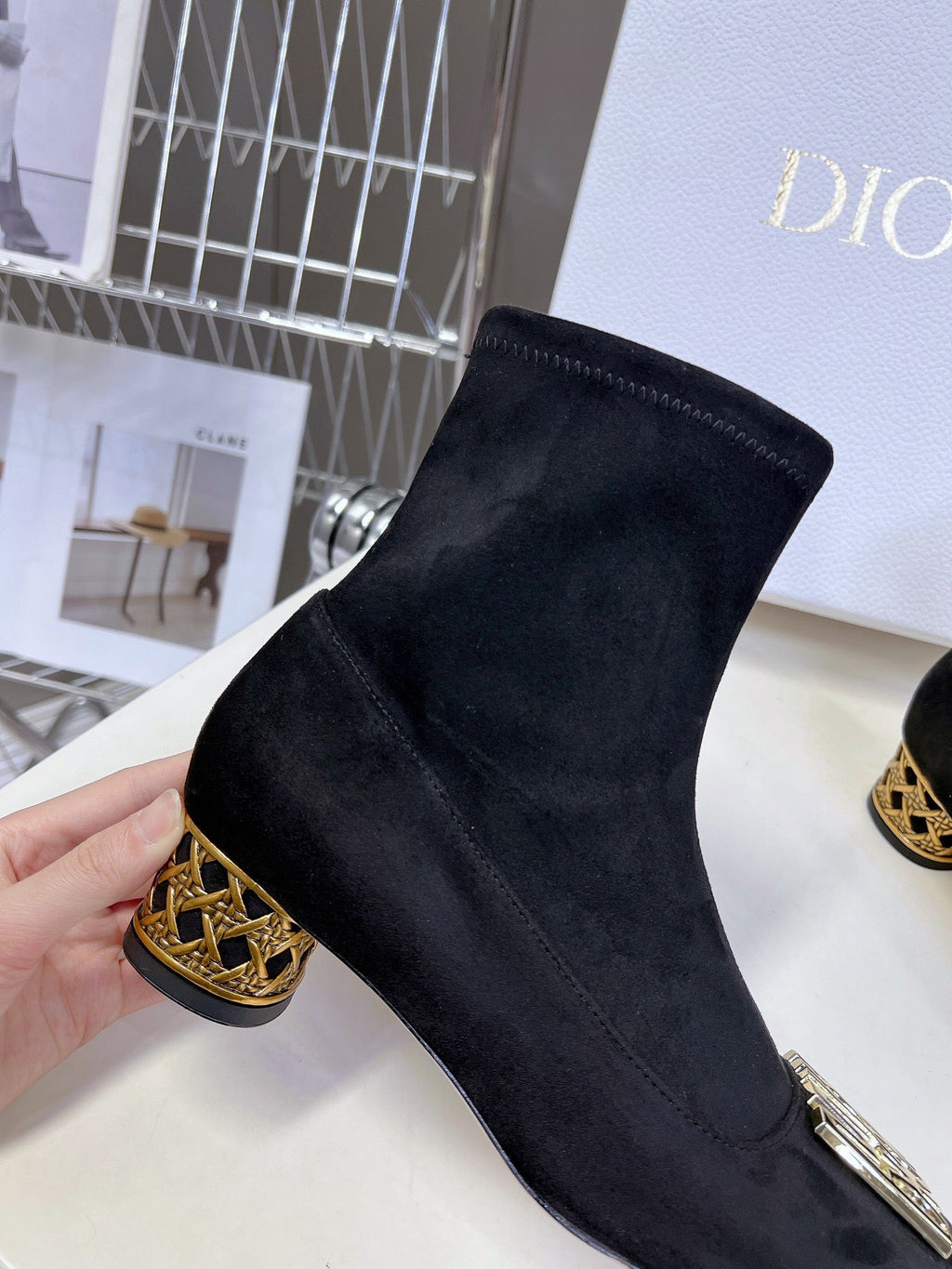 ICON HEELED ANKLE BOOT BLACK SUEDE 4 CM WITH GOLD LOGO