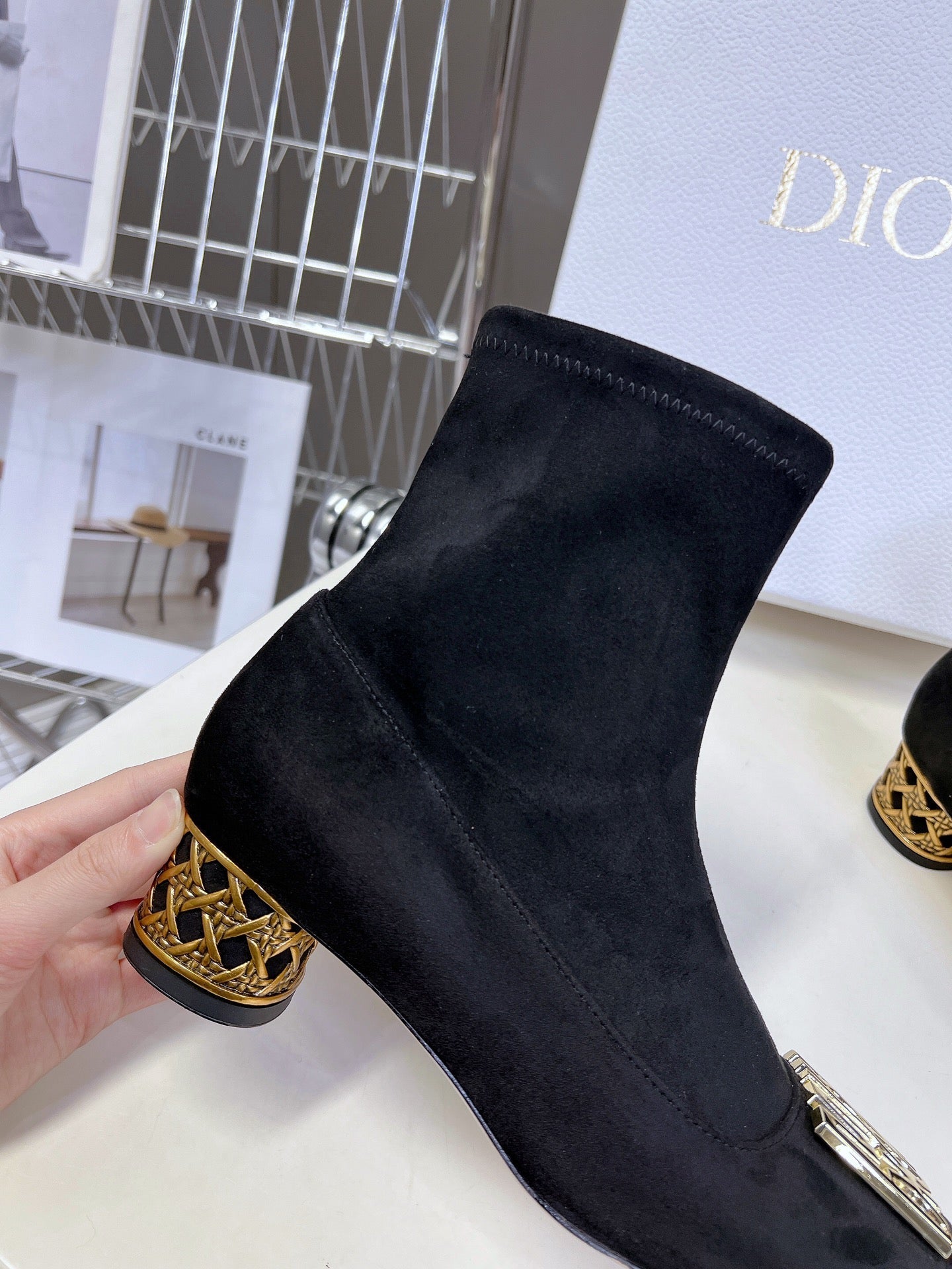 ICON HEELED ANKLE BOOT BLACK SUEDE 4 CM WITH GOLD LOGO