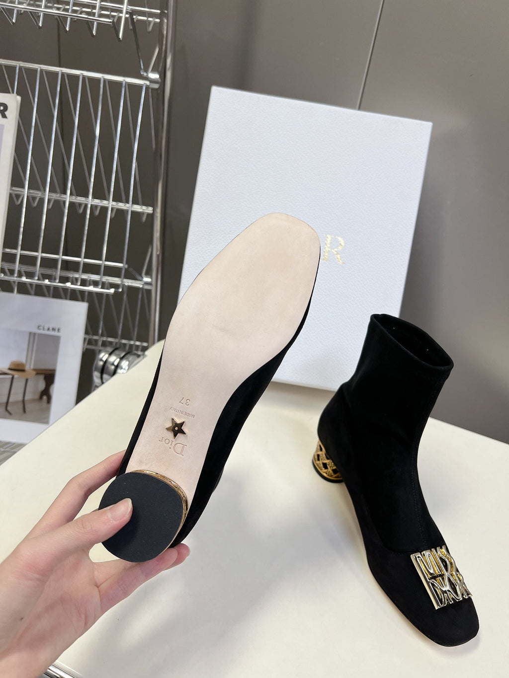 ICON HEELED ANKLE BOOT BLACK SUEDE 4 CM WITH GOLD LOGO