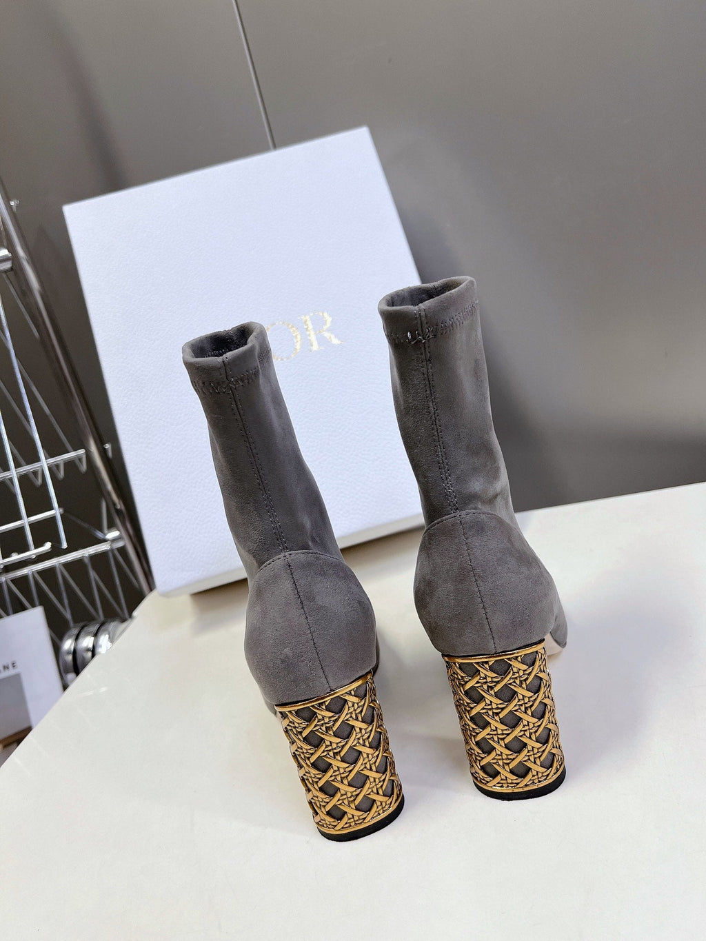 ICON HEELED ANKLE BOOT DOVE GRAY SUEDE 8 CM WITH GOLD LOGO