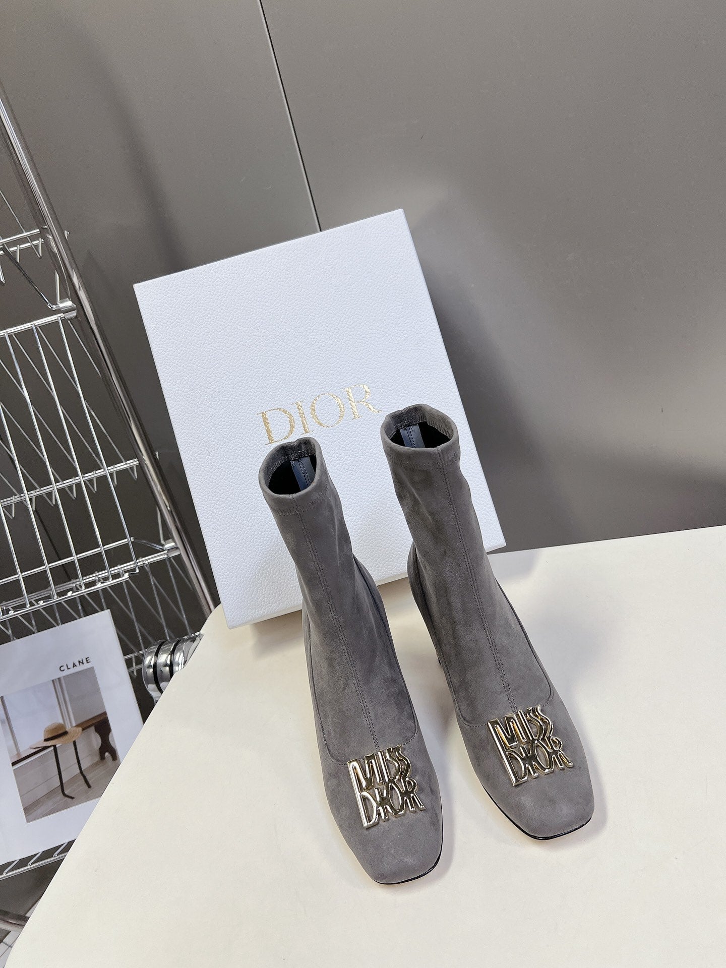 ICON HEELED ANKLE BOOT DOVE GRAY SUEDE 8 CM WITH GOLD LOGO