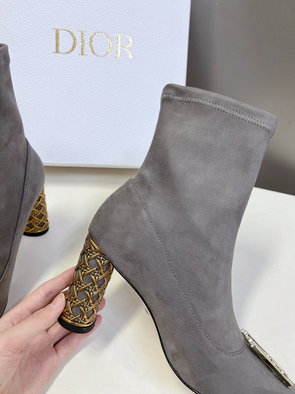 ICON HEELED ANKLE BOOT DOVE GRAY SUEDE 8 CM WITH GOLD LOGO