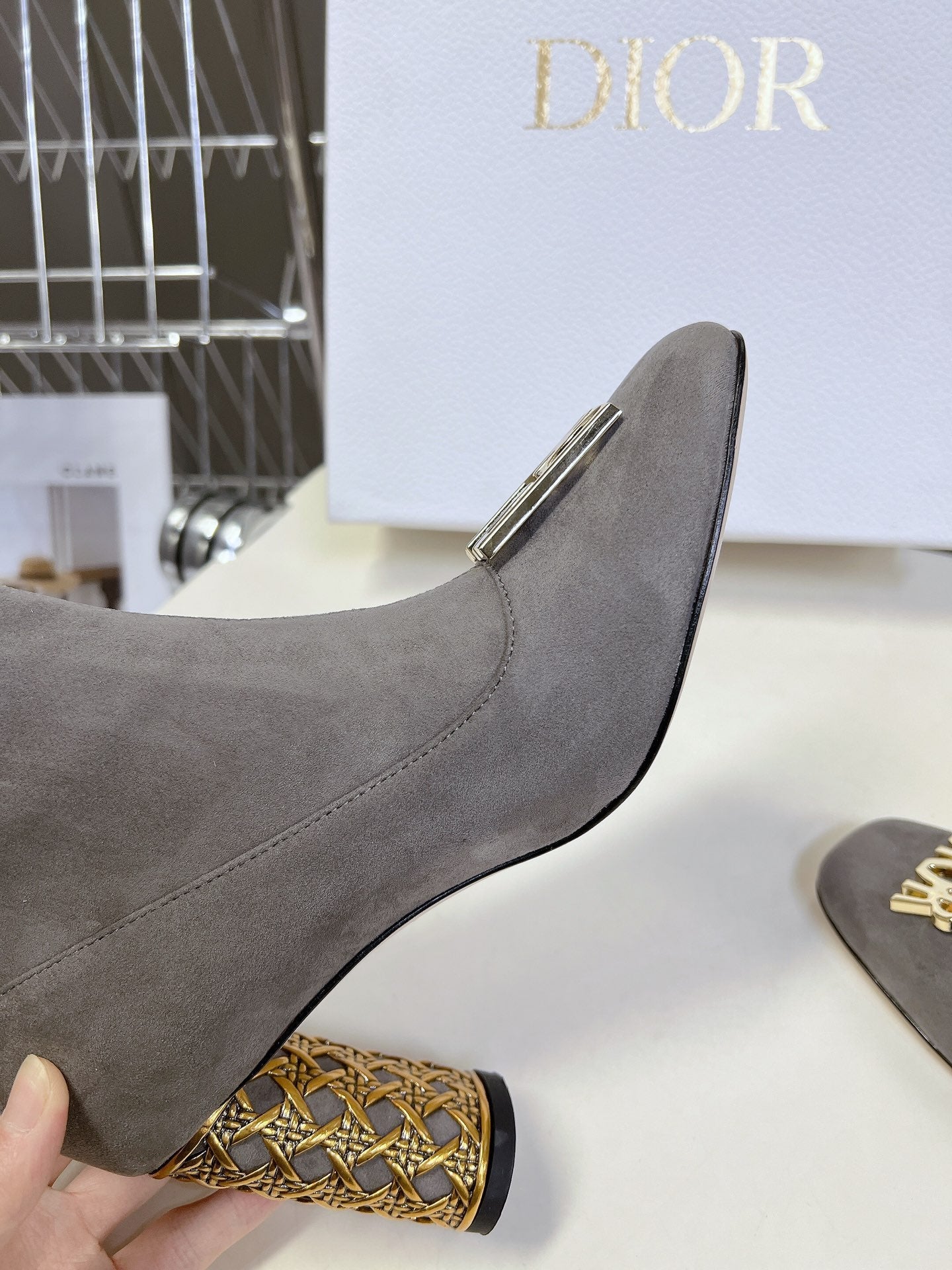 ICON HEELED ANKLE BOOT DOVE GRAY SUEDE 8 CM WITH GOLD LOGO