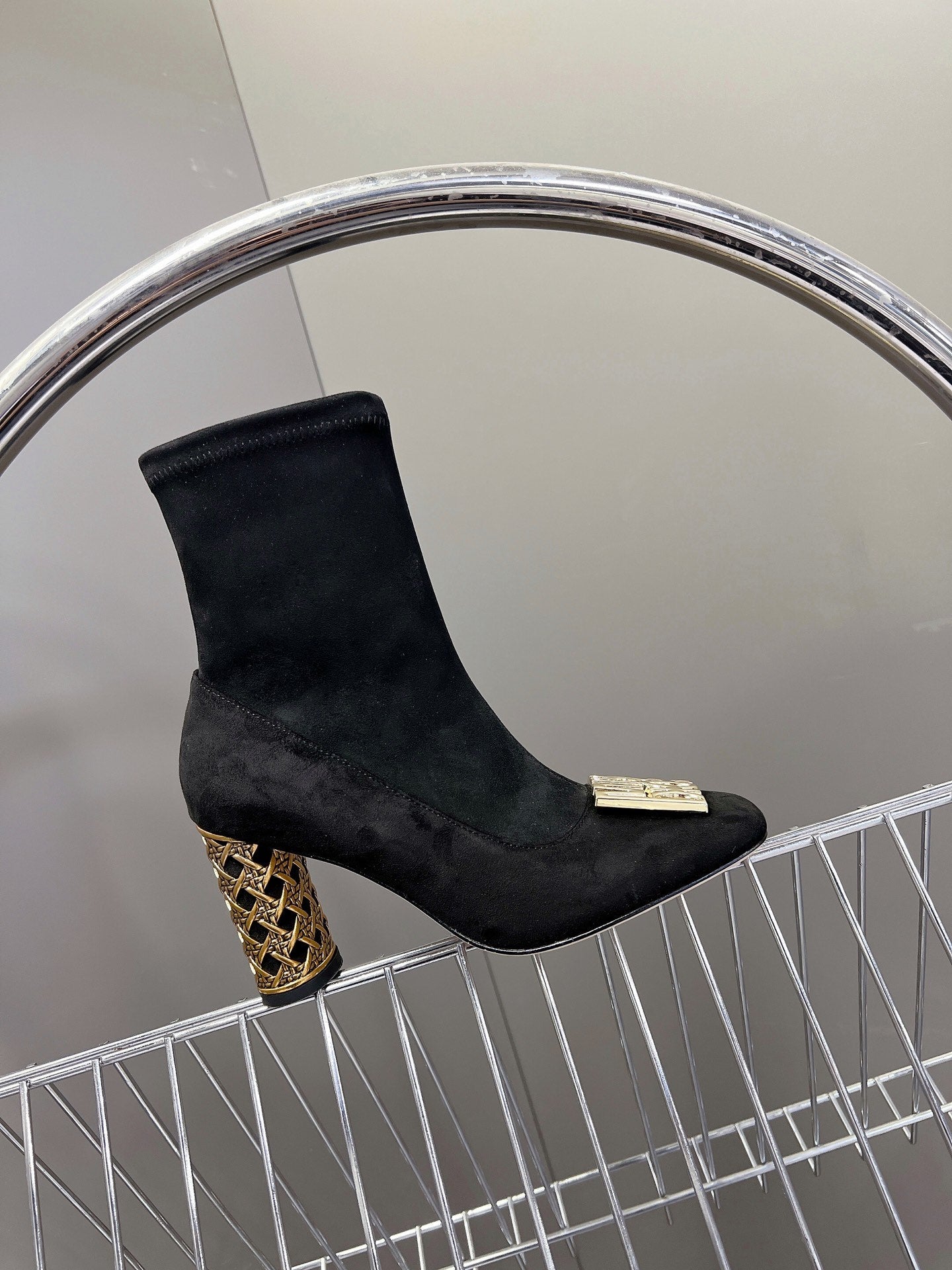 ICON HEELED ANKLE BOOT BLACK SUEDE 8 CM WITH GOLD LOGO